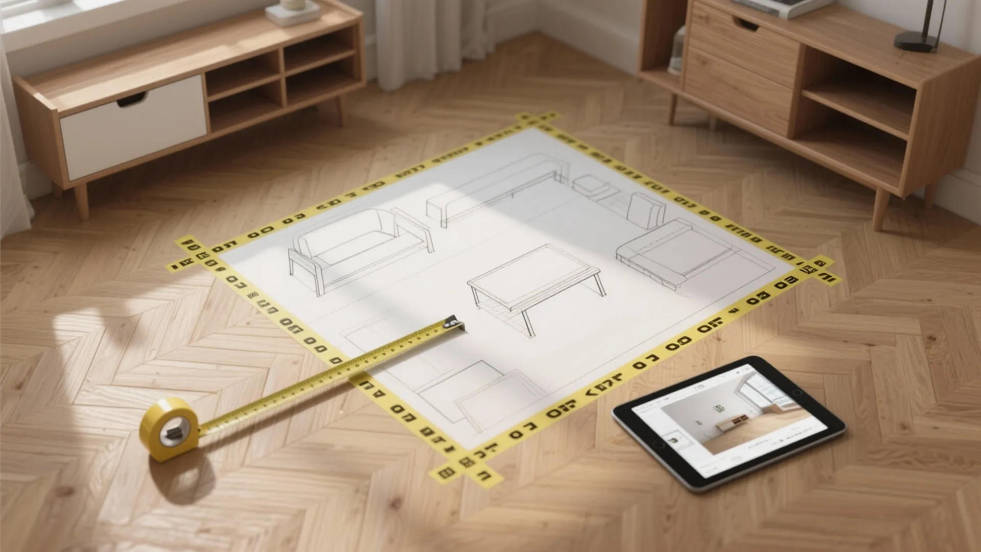 Top-down photo of tape-marked floor layout, measuring tape and a tablet with a 3D room preview.