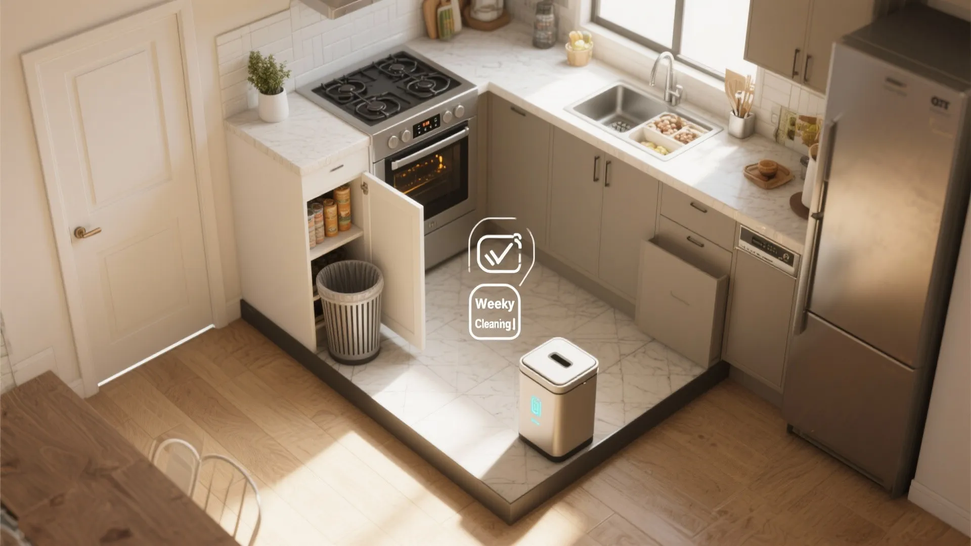 Top-down mockup of a small kitchen showing appliance placement, trash near exit, and tech-enabled trash cabinet.