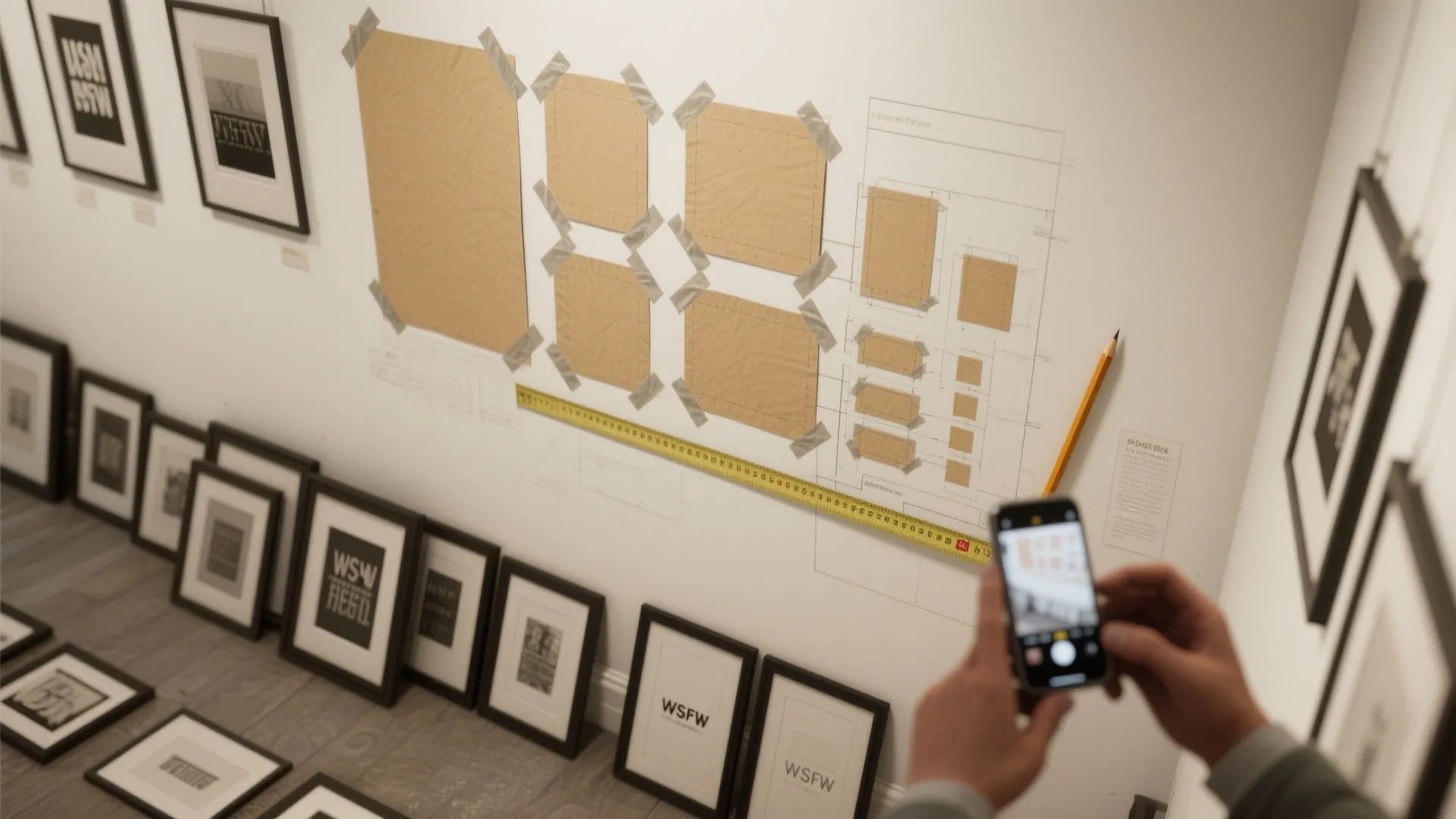 Person taking phone photo of wall layout templates with tape measuring tape and picture frames