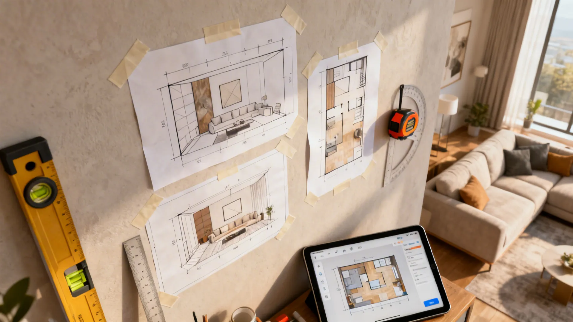 Interior design drawings taped to wall with measuring tools and a tablet showing floor plans