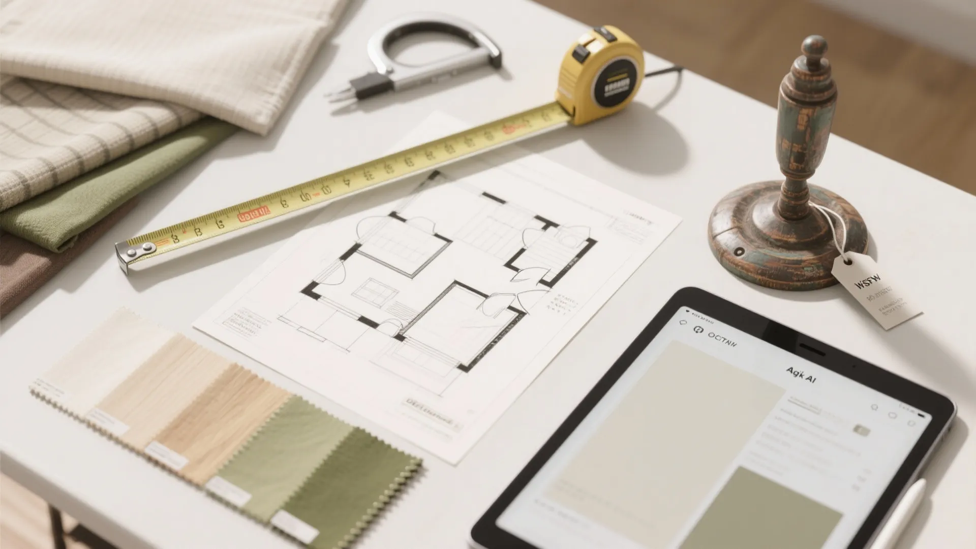 Table with floor plan drawing measuring tape fabric samples and tablet for interior design project