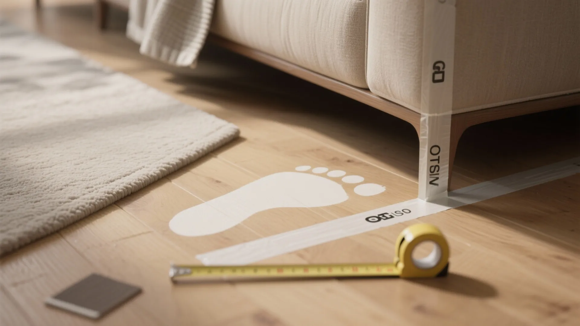 Measuring tape on wooden floor with white footprint and white tape under a beige sofa