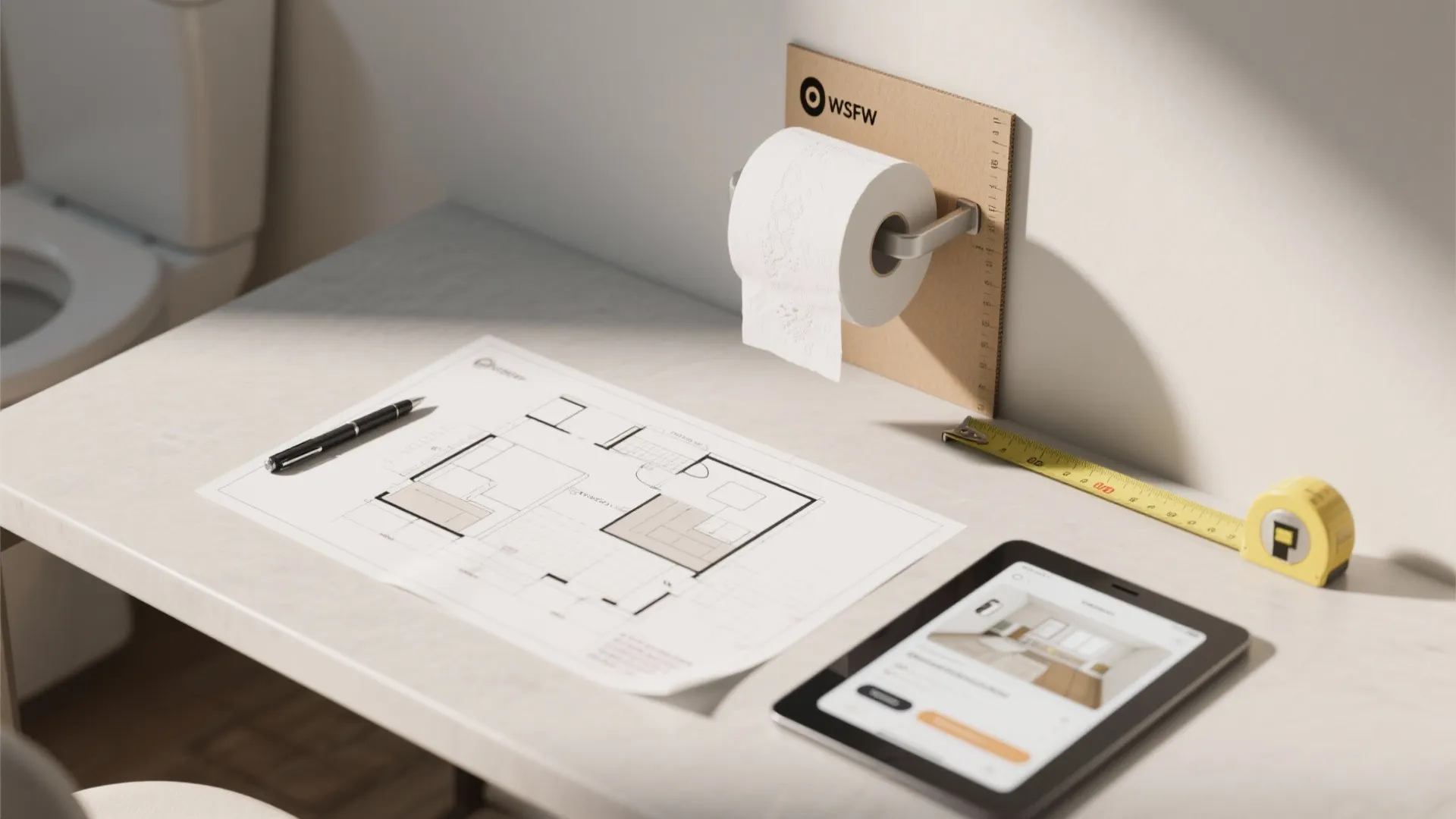 Desk with interior design drawing, black pen, yellow measuring tape, tablet, and paper on wall