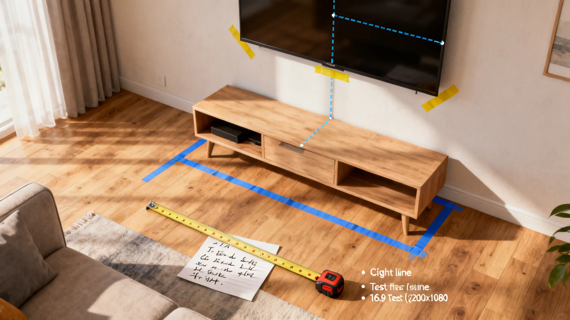 Top-down view of painter's tape marking a TV stand footprint and wall tape indicating screen center height.