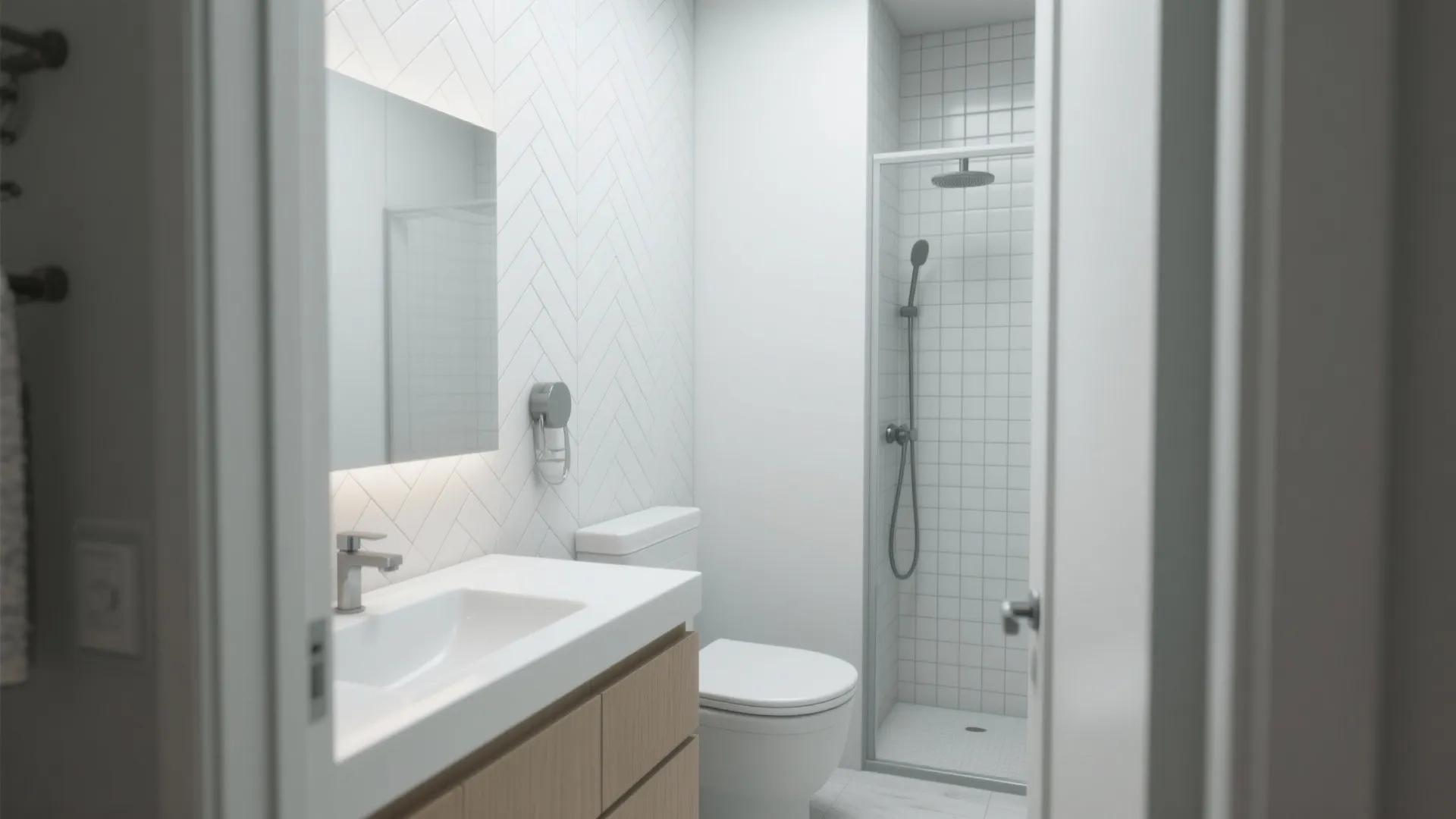 Compact bathroom design featuring white chevron wall tiles small shower area toilet and wood sink cabinet