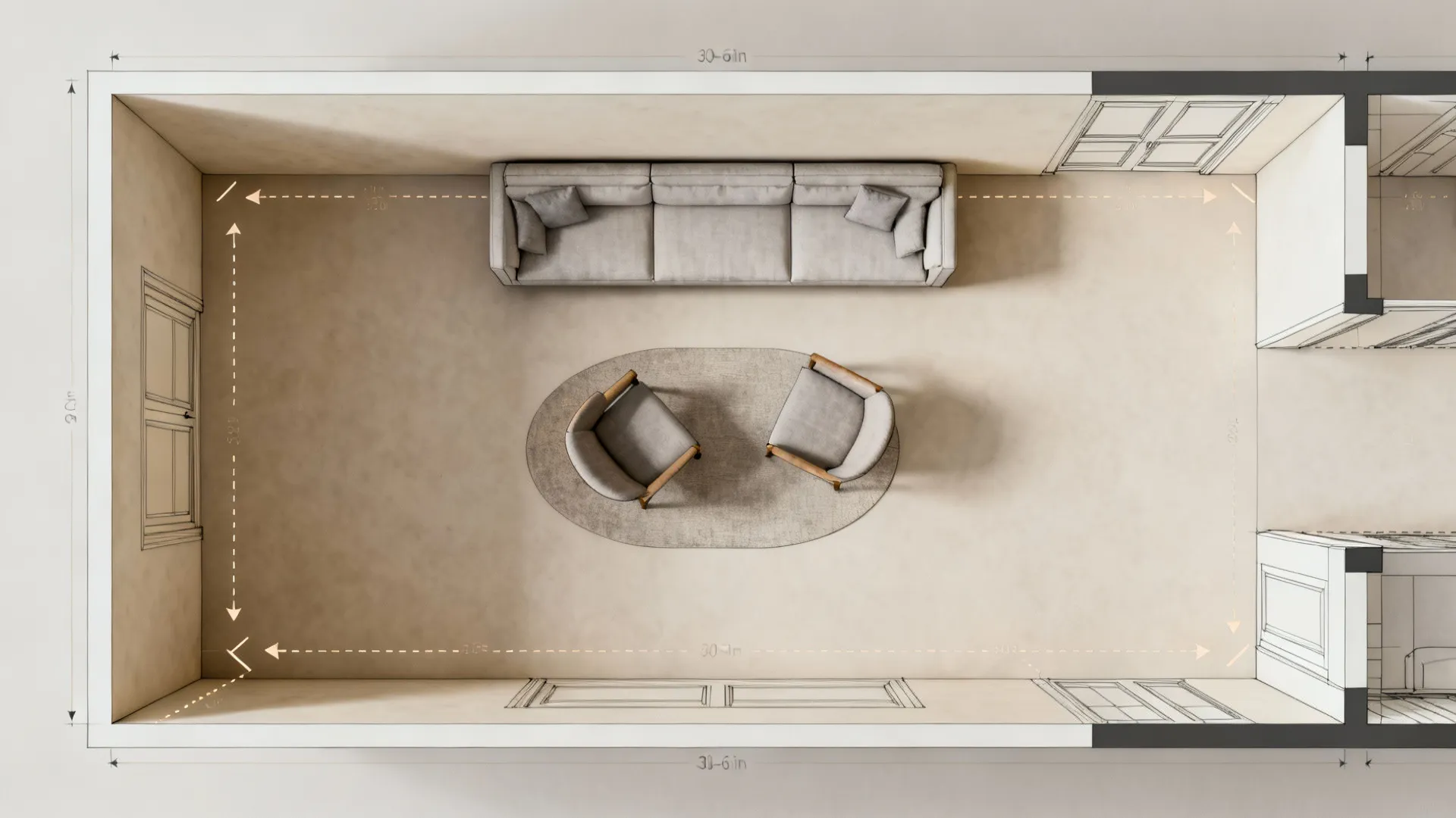Top-down layout diagram of a small rectangular living room showing seating arrangement and circulation paths