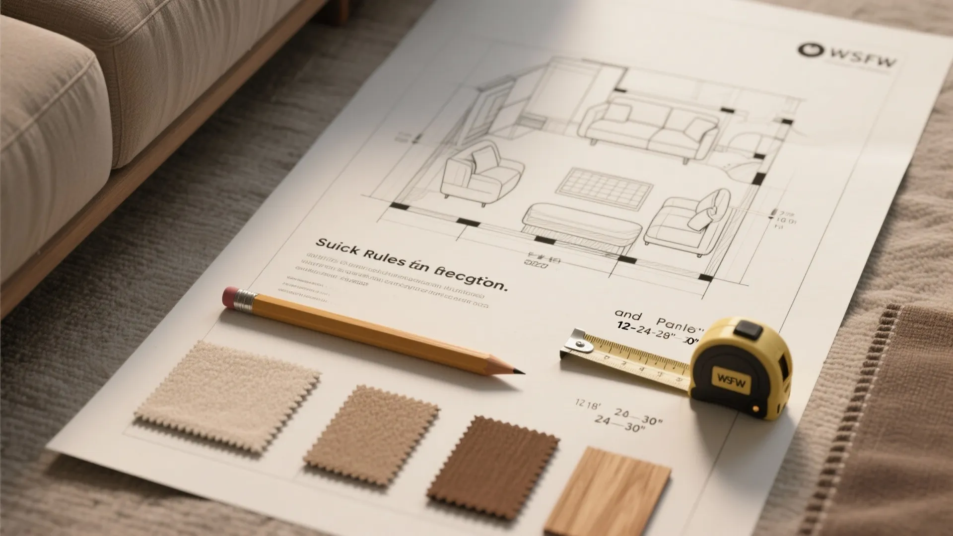 Interior design drawing with a pencil and measuring tape on top of fabric material samples