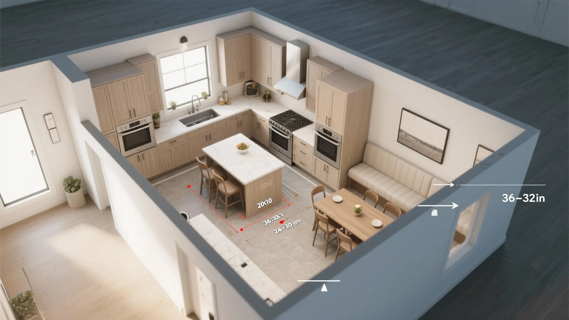 Interior design drawing of a kitchen layout showing clear measurements for island and dining area spaces