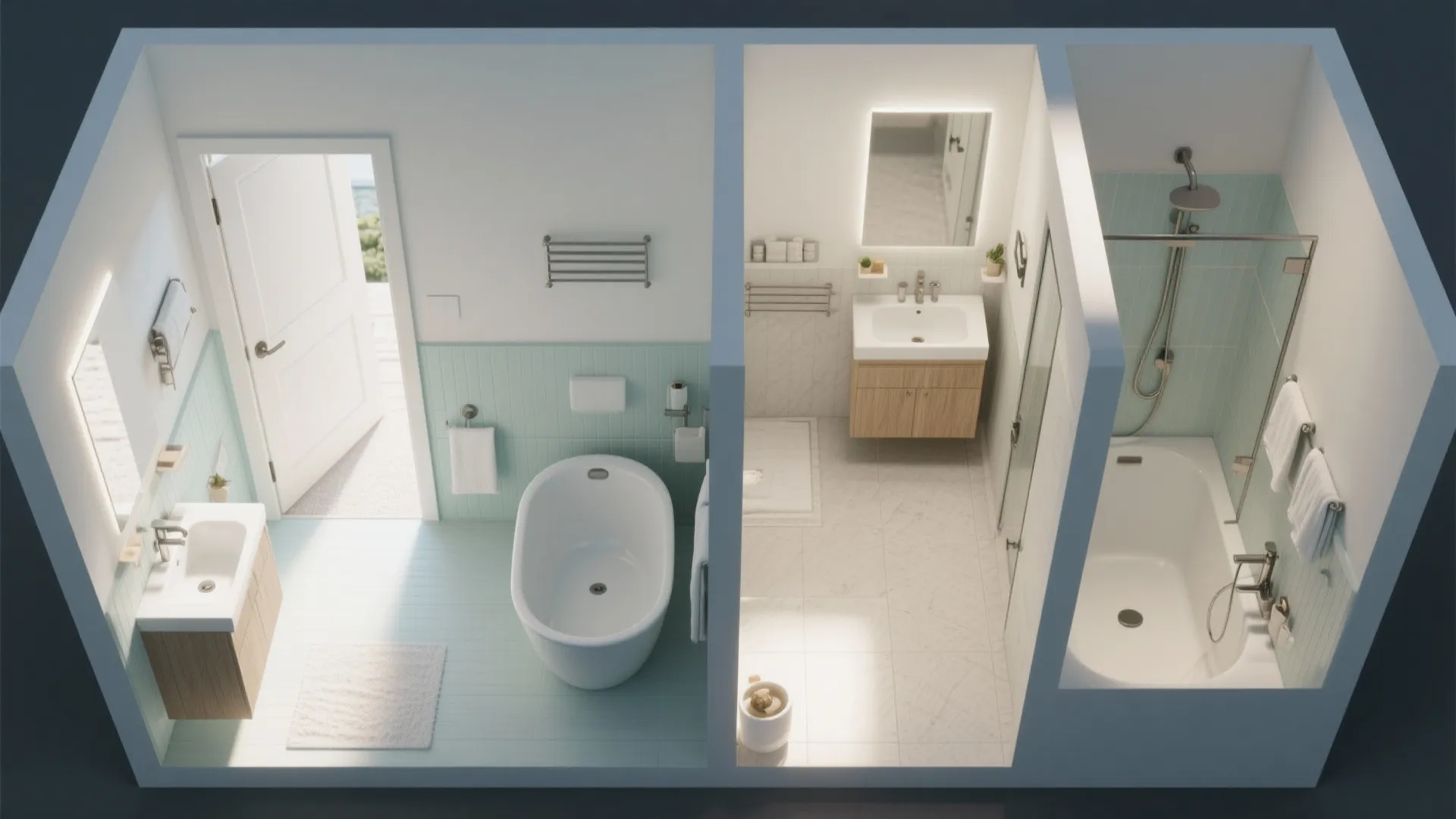 Three different bathroom layouts showing bathtub and sink options with light blue and white tiling