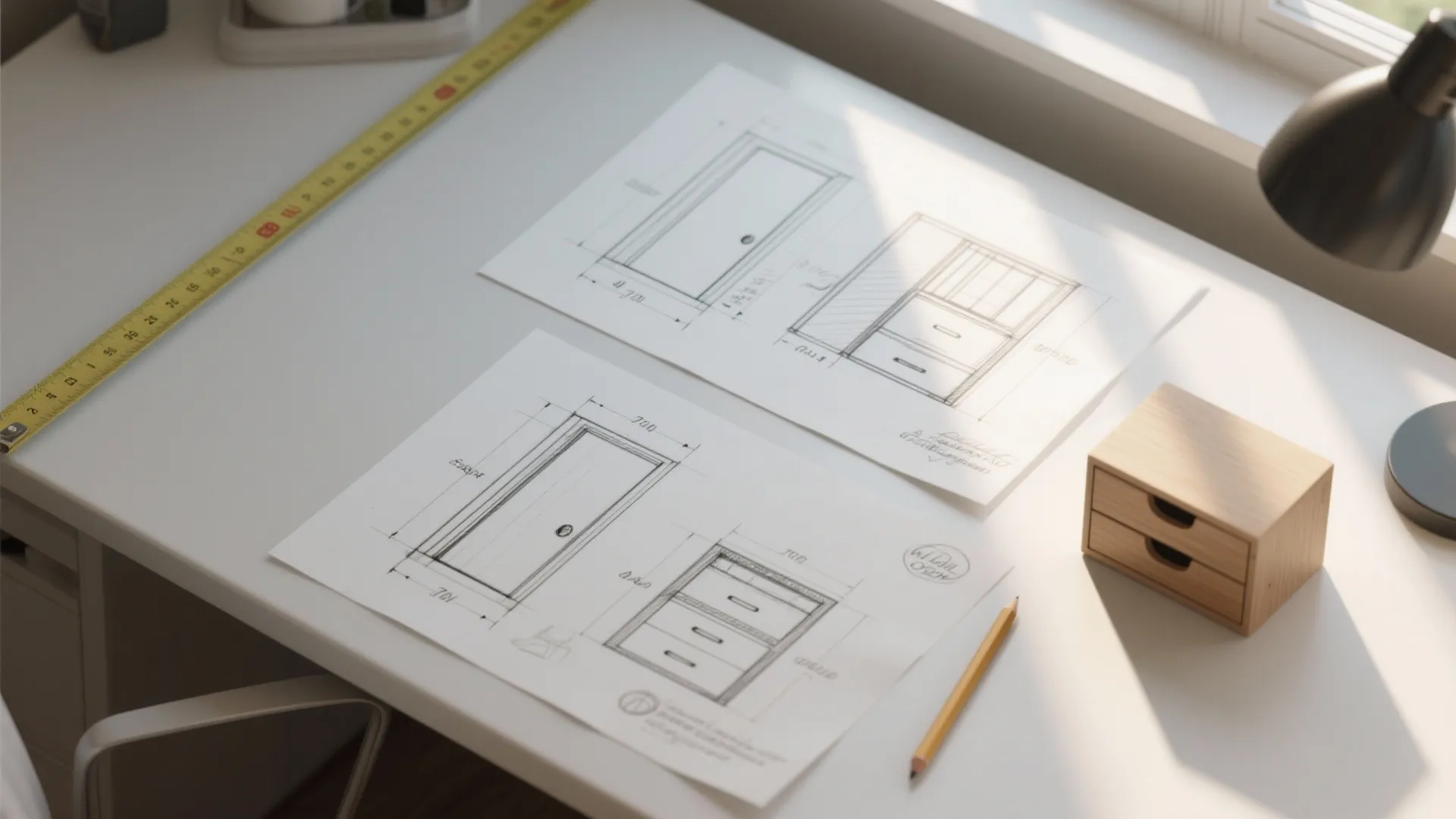 Technical interior design drawing of furniture on a desk with ruler pencil and desk light