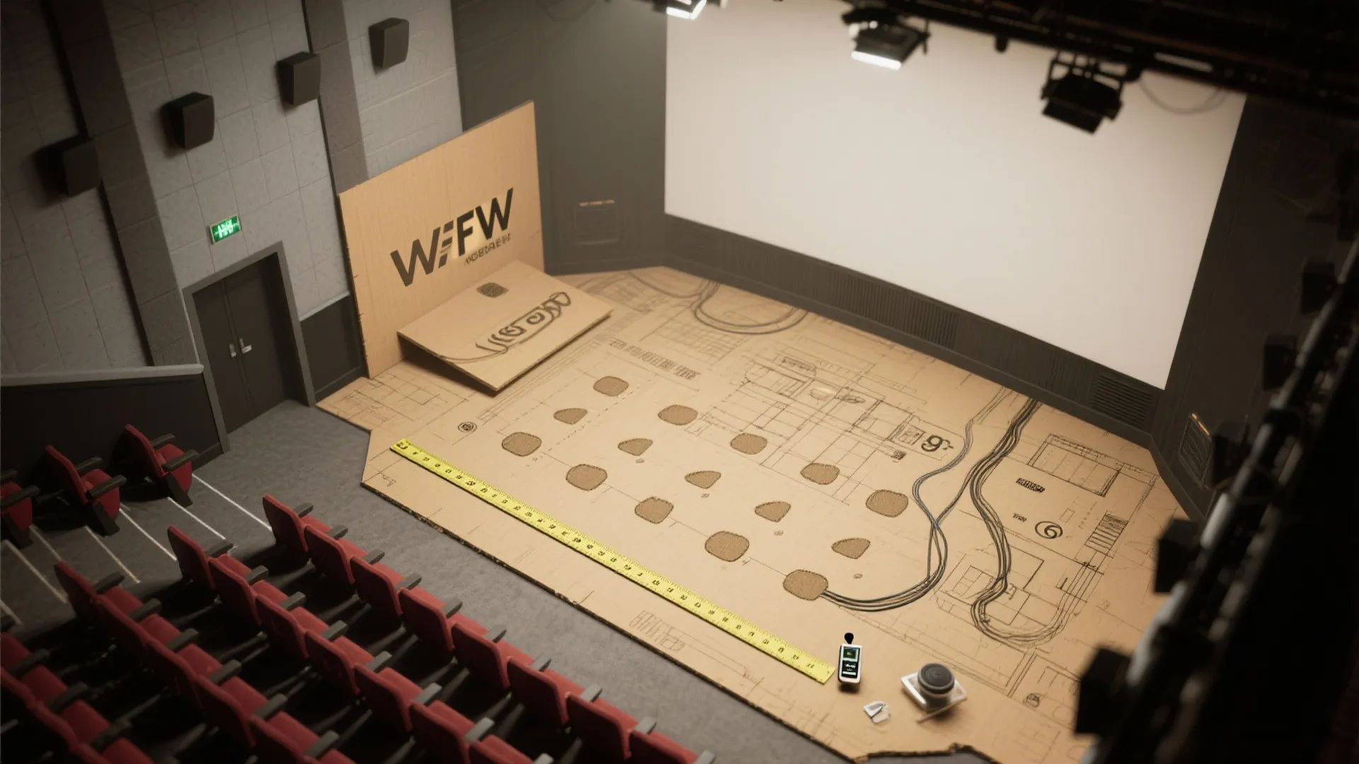 Cinema room interior showing floor plan sketch on cardboard with measuring tape and red seats