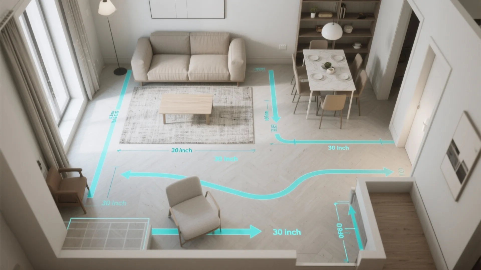 Interior design drawing showing room layout with blue arrows and measurement labels for furniture placement