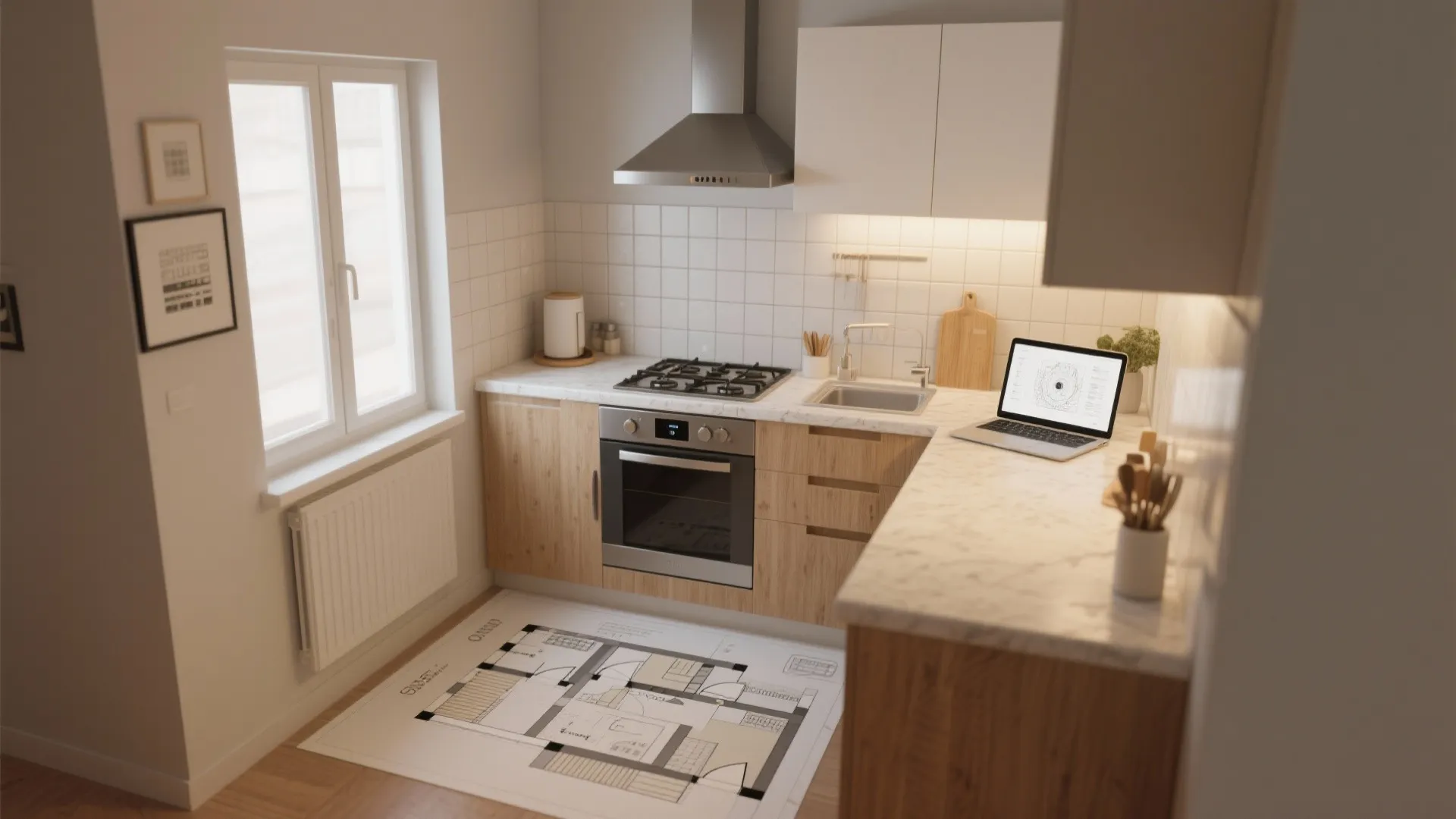 Modern small kitchen with laptop on counter and floor plan drawing placed on the floor