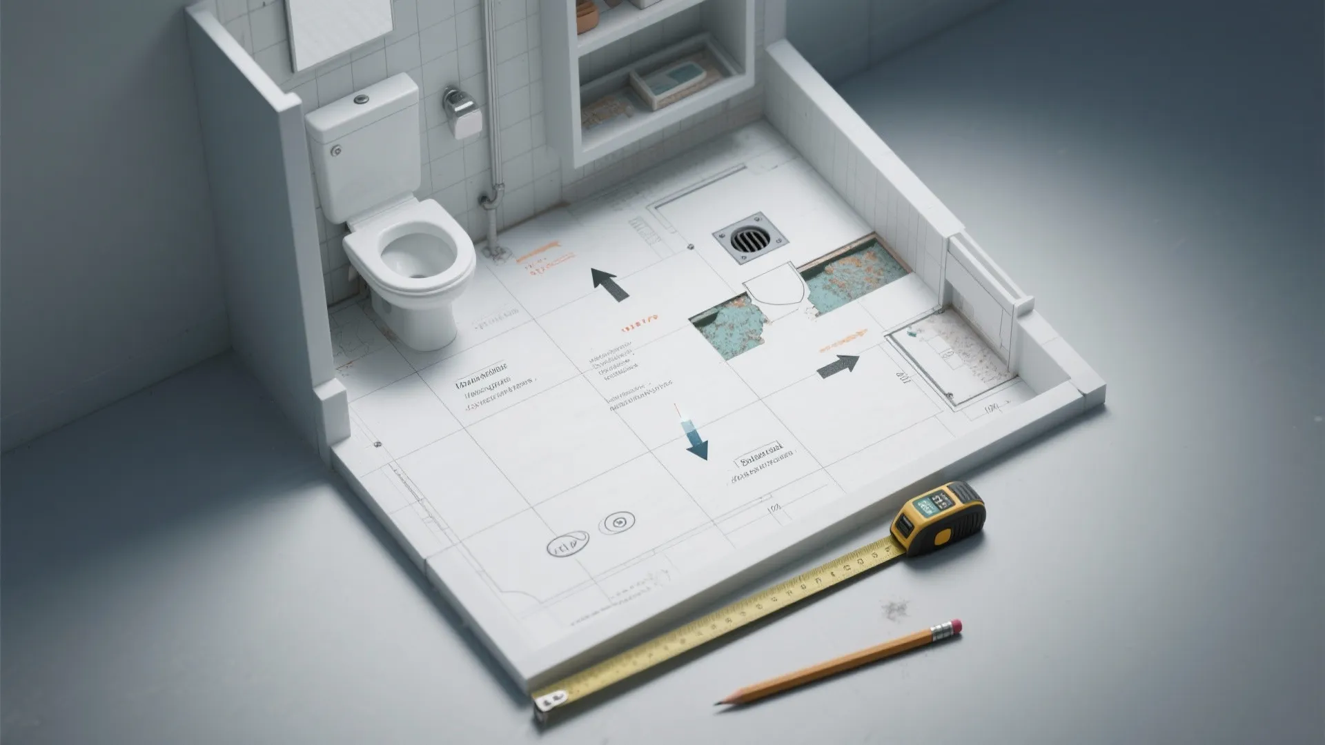 Bathroom renovation floor plan model showing white toilet and shower drain area with measuring tape