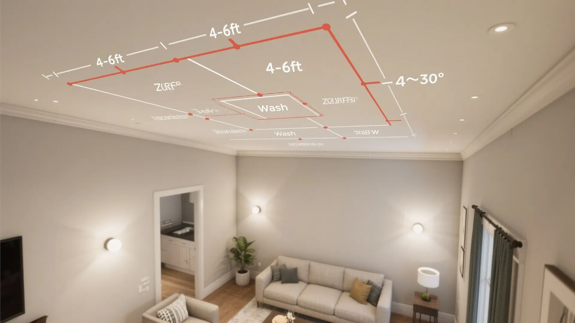 Interior design drawing showing ceiling light placement measurements and spacing for a modern living room
