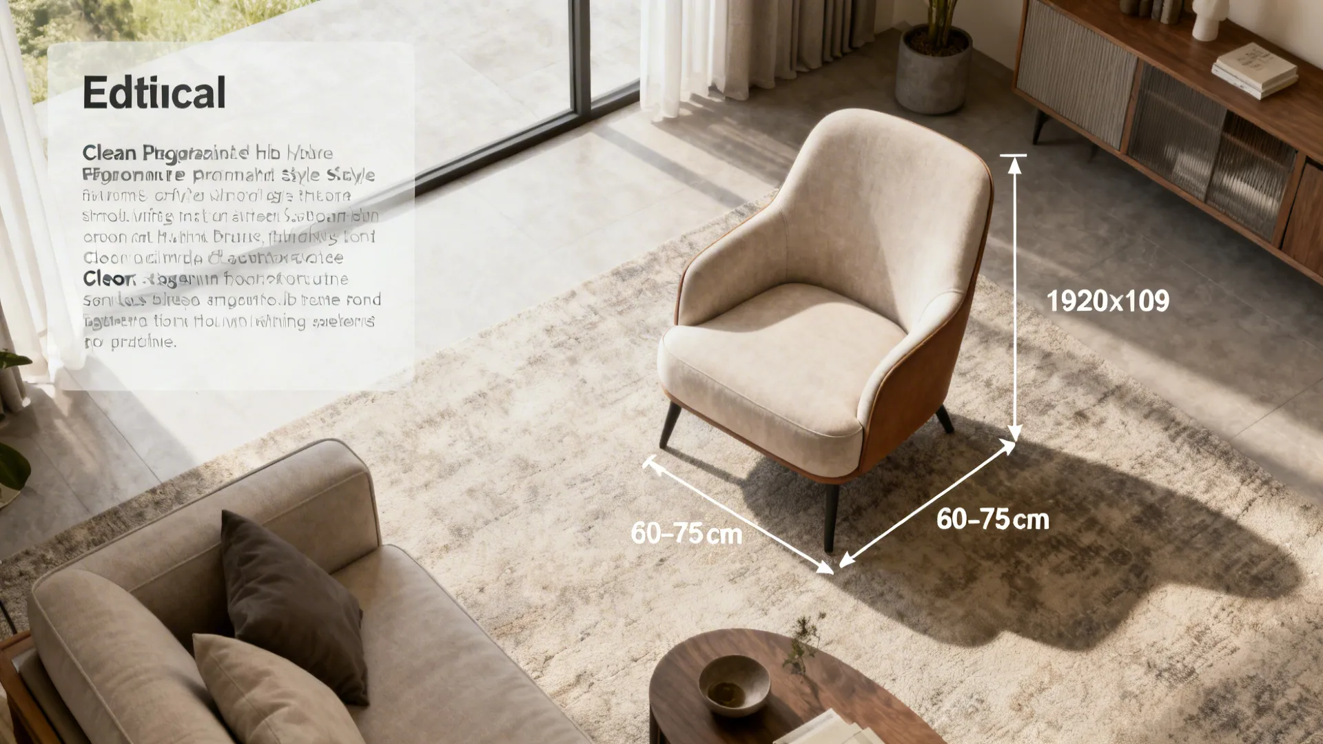 Floor-planner mockup showing chair clearance and layout recommendations for a small living room