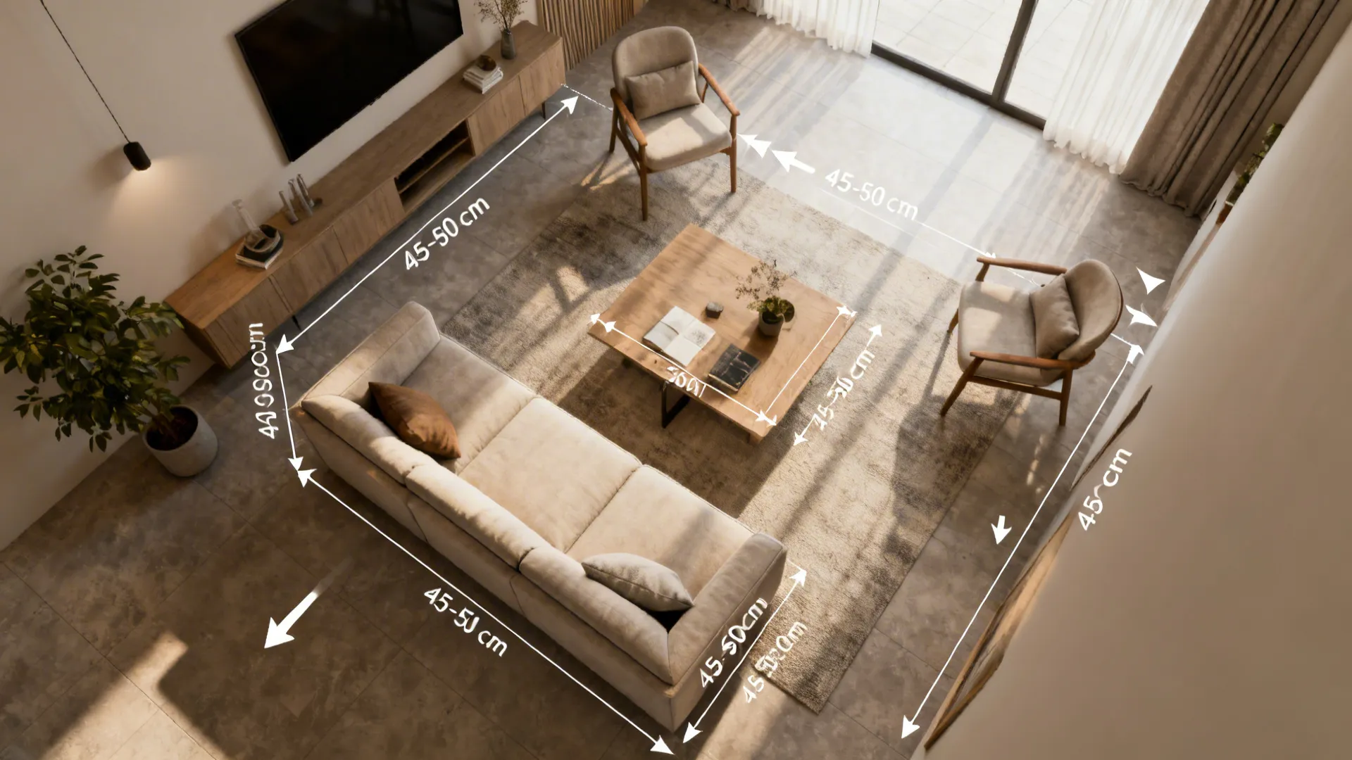 Living room layout showing distance measurements between sofa coffee table and chairs in an apartment