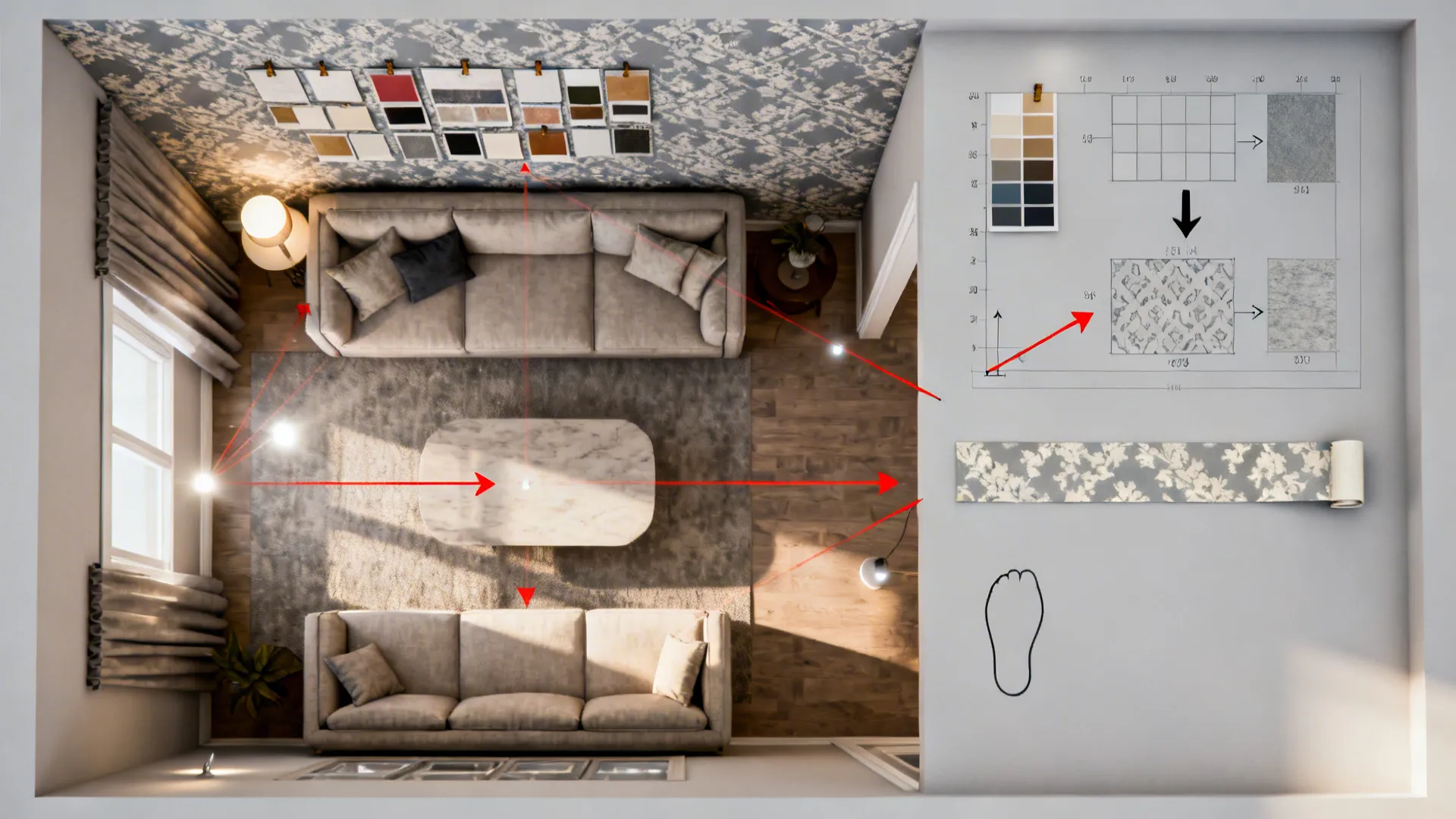 Top-down visualization of a small living room showing accent wall sample placement, sightlines and furniture layout.