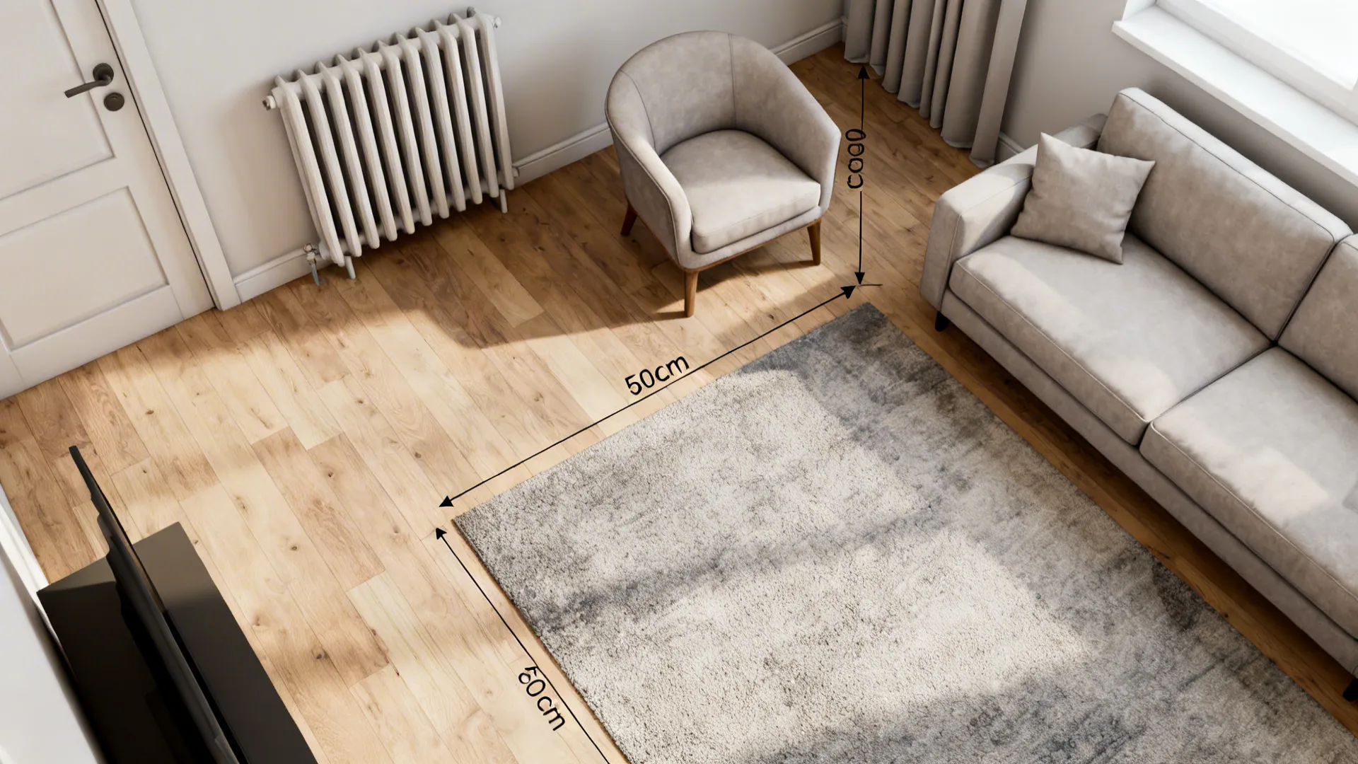 Top-down mockup of a small living room showing circulation paths and recommended seating clearance.