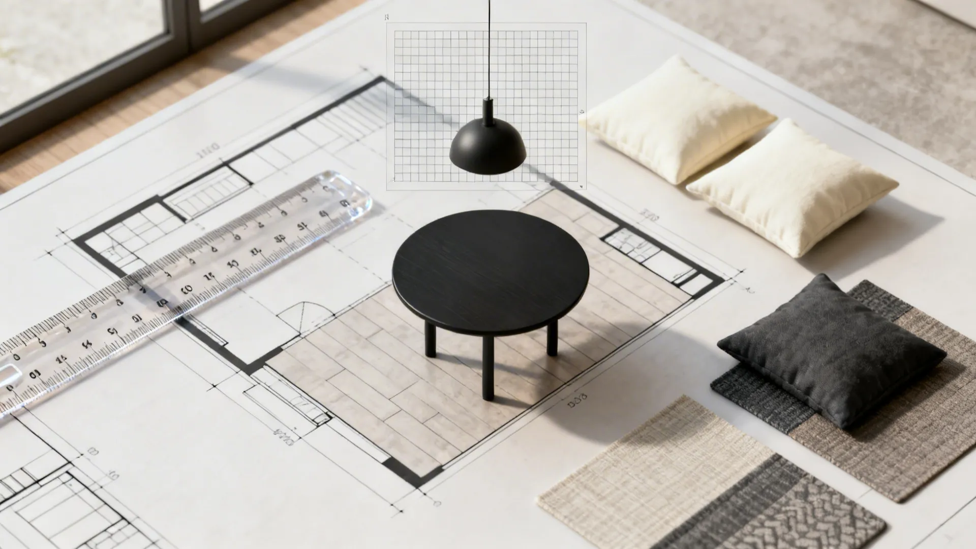 Interior design floor plan featuring small black table model ruler white pillows and fabric samples