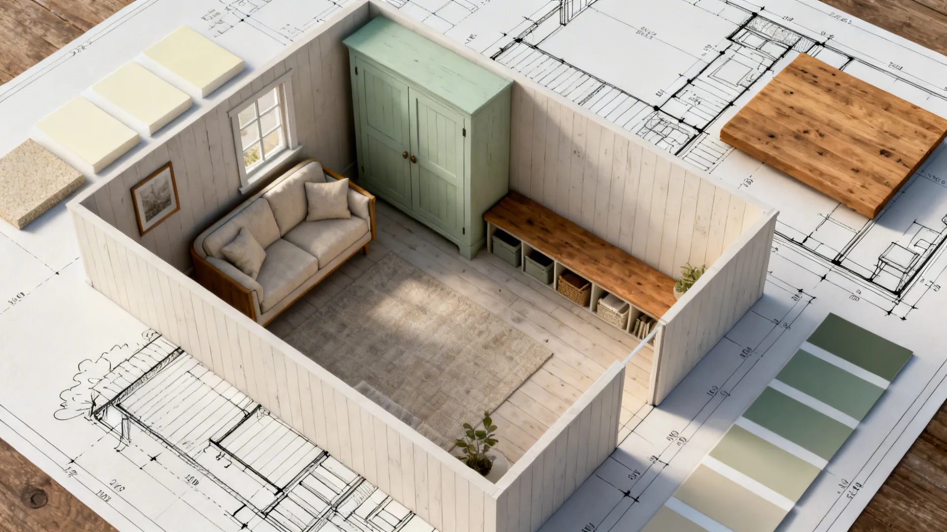 Top-down room planner view showing multiple furniture layout options for a small cottage space