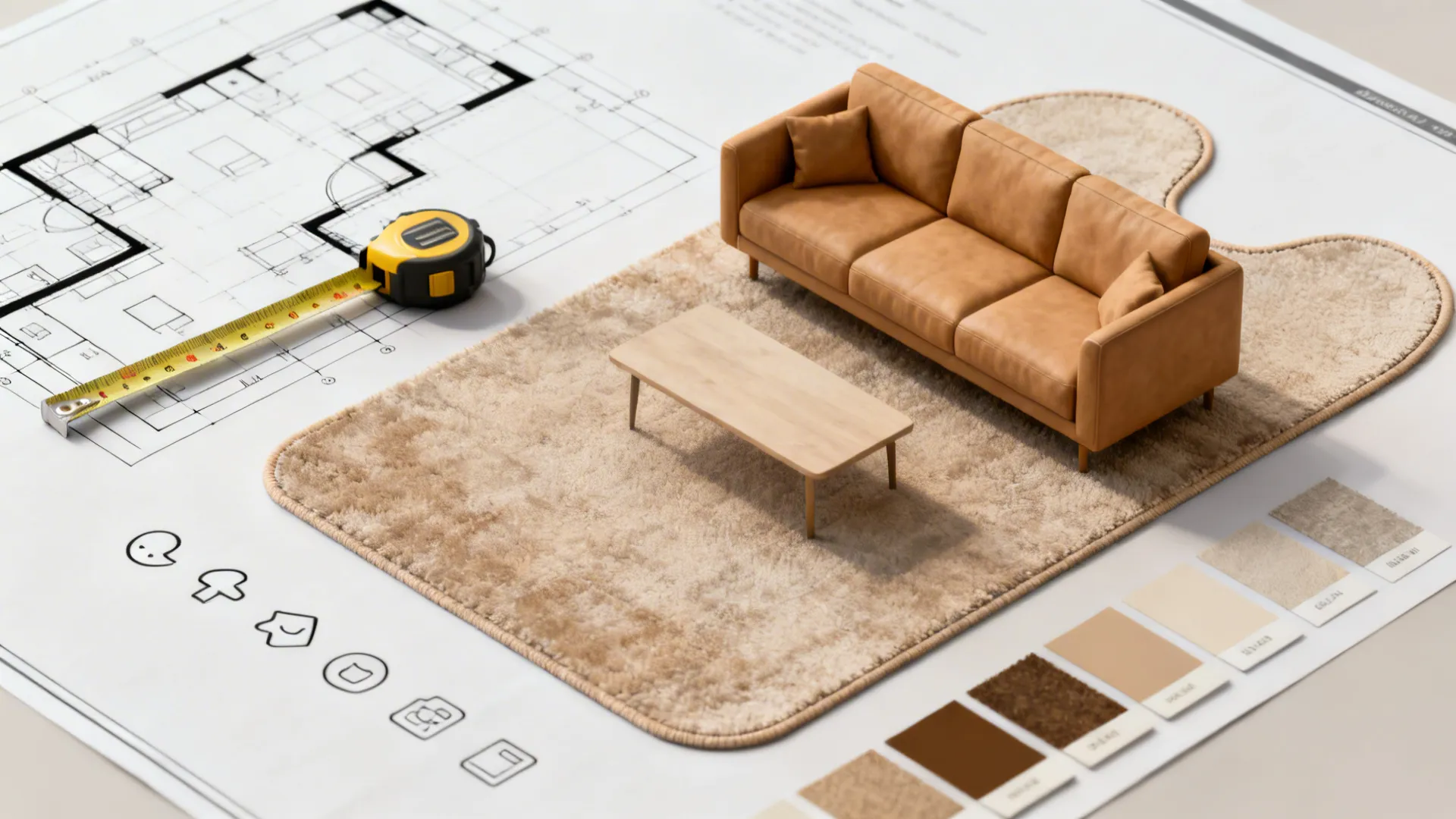 Top-down layout tips for a small living room with a tan sofa, showing rug size and low table suggestions.
