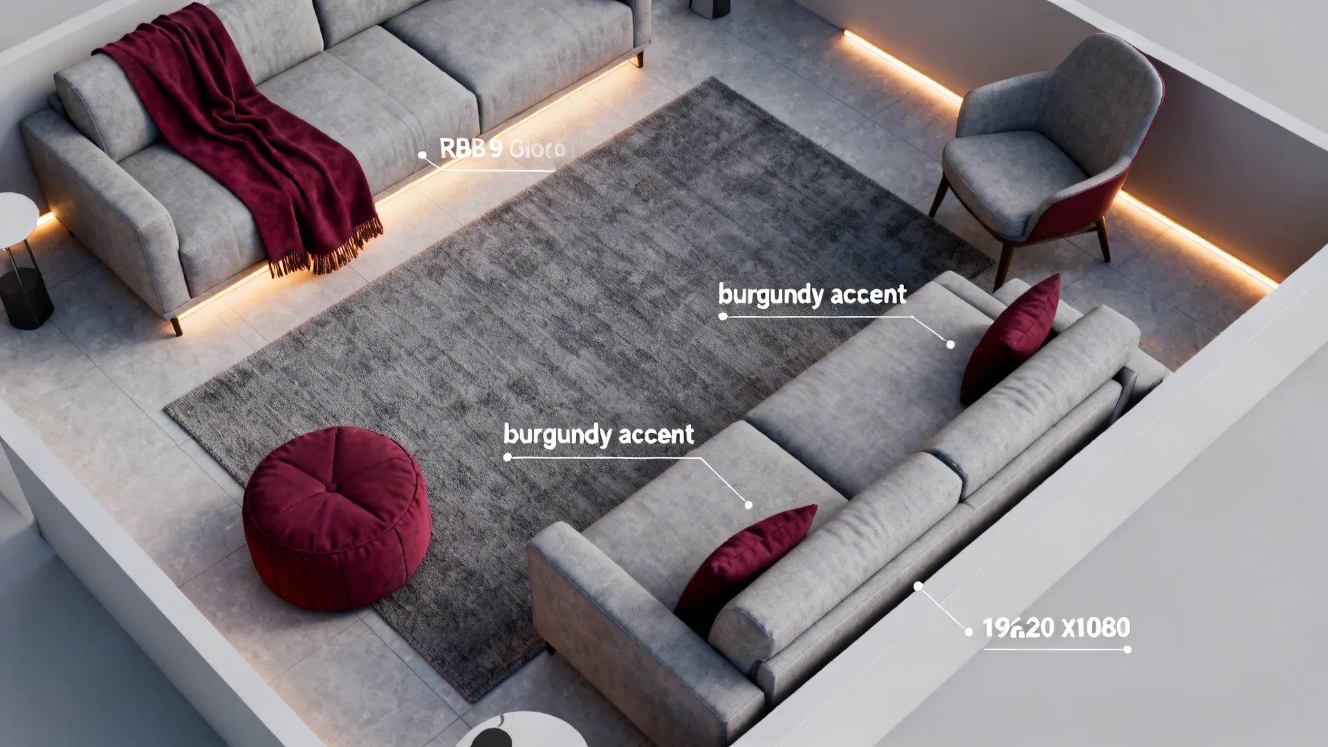 Top-down layout diagram showing gray furniture with suggested burgundy accent placements and warm lighting zones