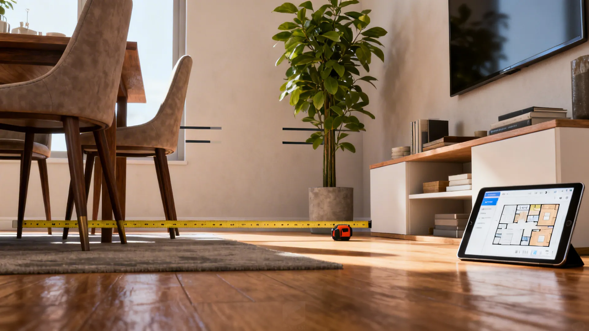 Measuring tape showing clearance, tall plant, and tablet with room planner for open-plan layout tips