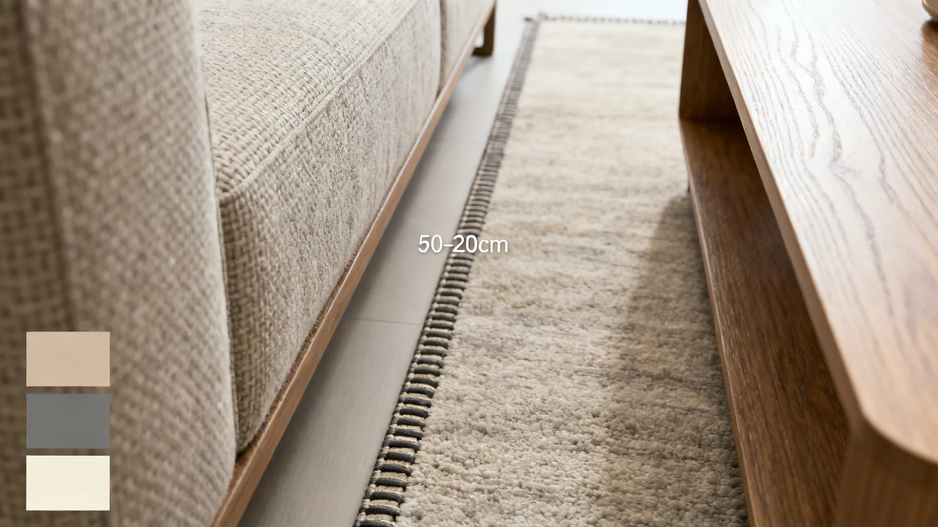 Close up of sofa and coffee table with rug showing recommended distance for room layout