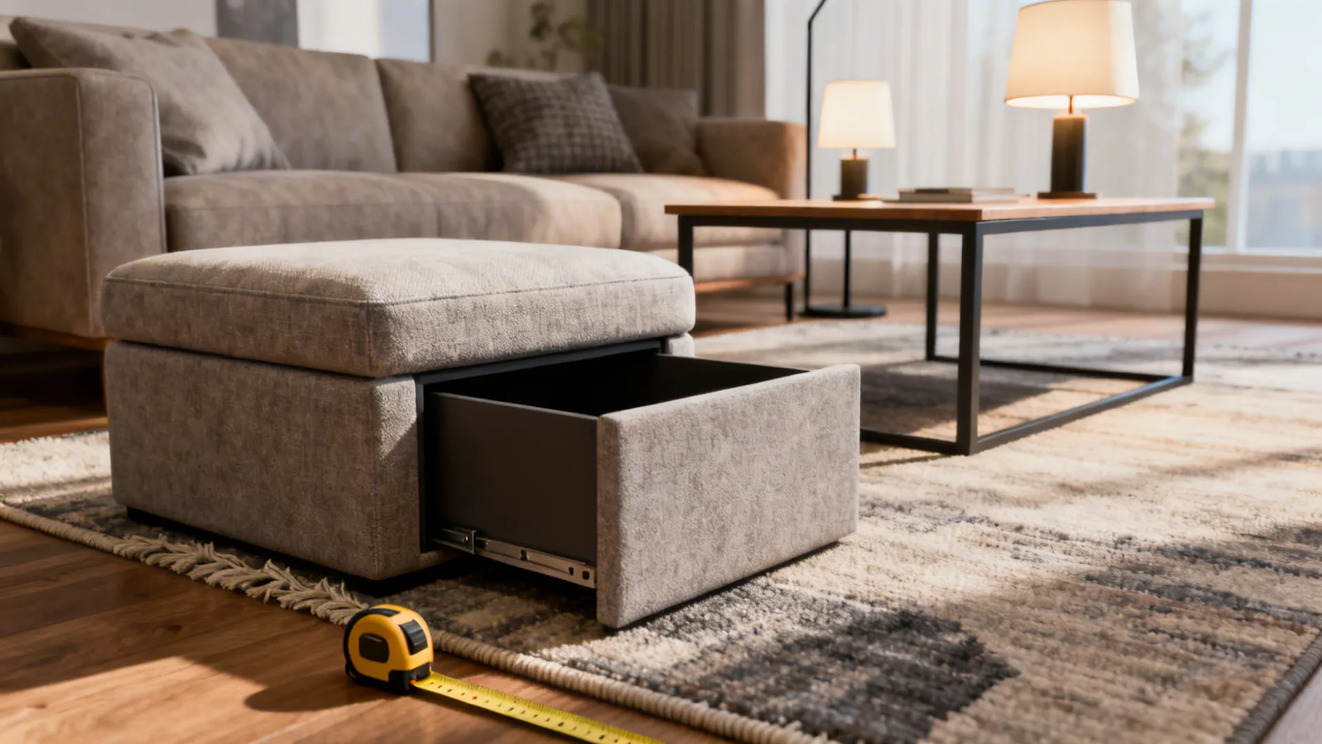 Grey fabric footrest with open drawer sitting on a rug next to a yellow tape