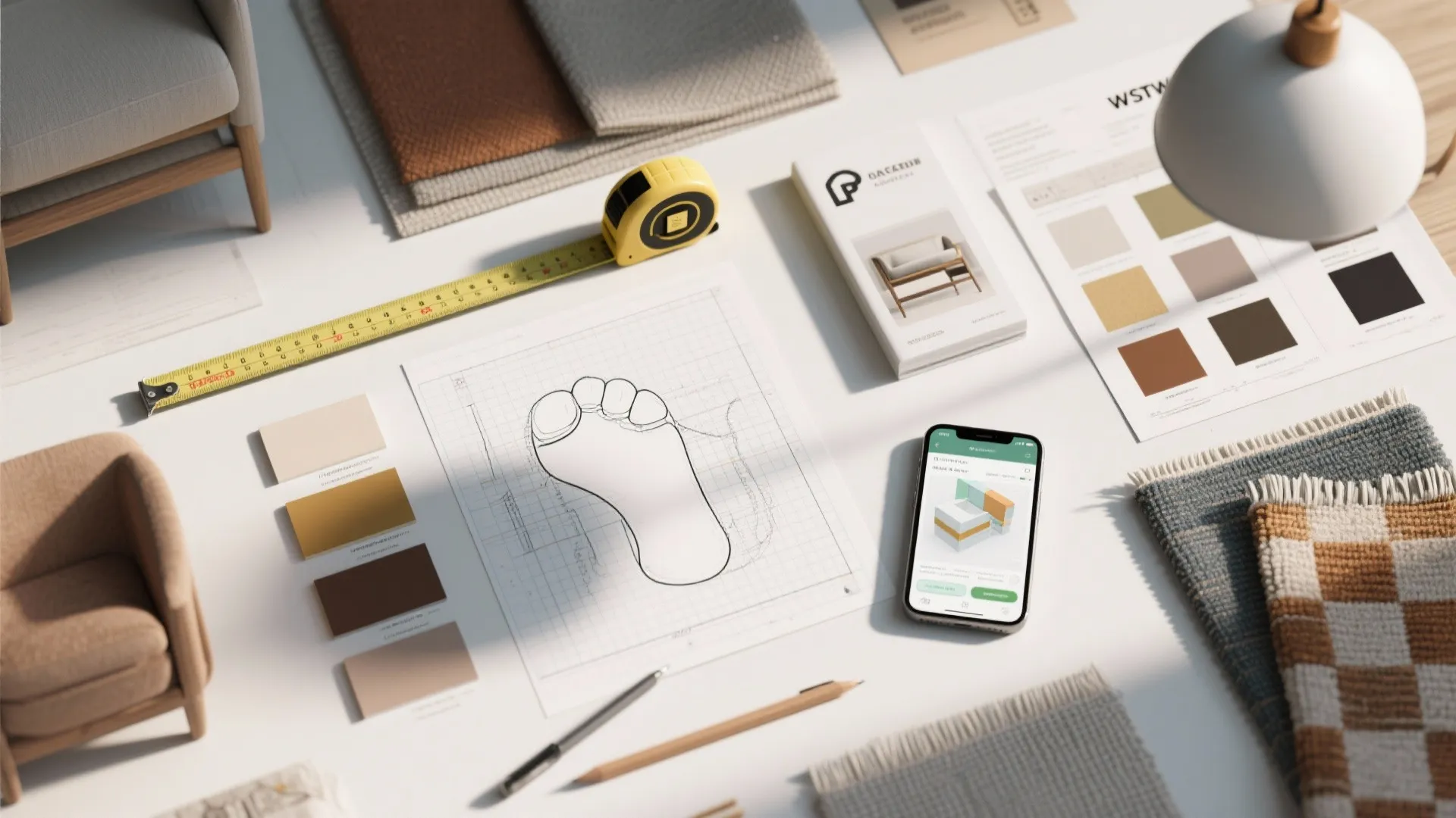 Interior design planning flatlay with color samples measuring tape floor plan drawing and mobile phone