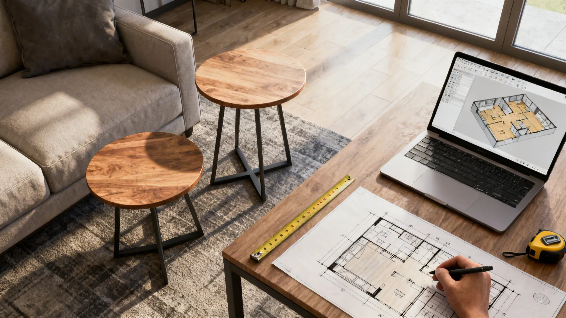 Top-down view of a designer using sketches and a 3D planner to test end table heights and layouts.