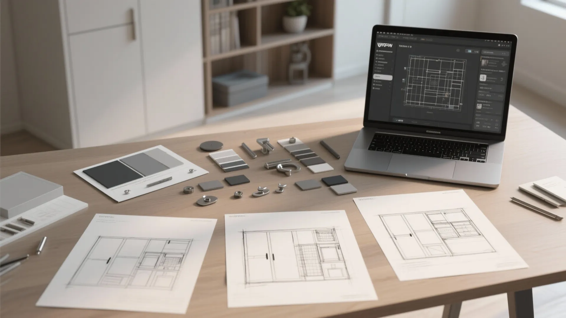 Top-down view of cabinet layout sketches, swatches and a 3D planner on a laptop