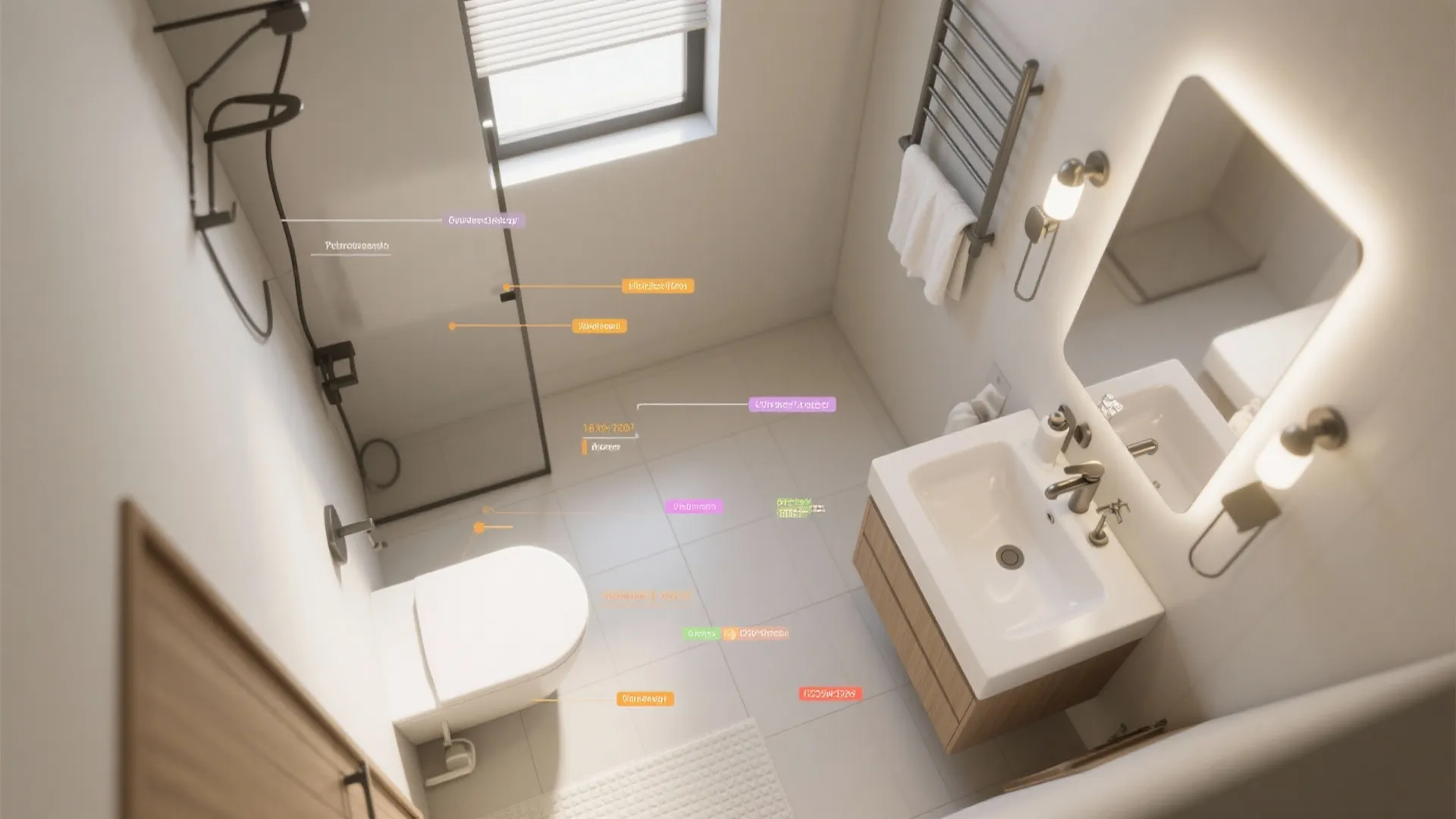 Top view of small white bathroom with shower area toilet sink mirror and light wood cabinet