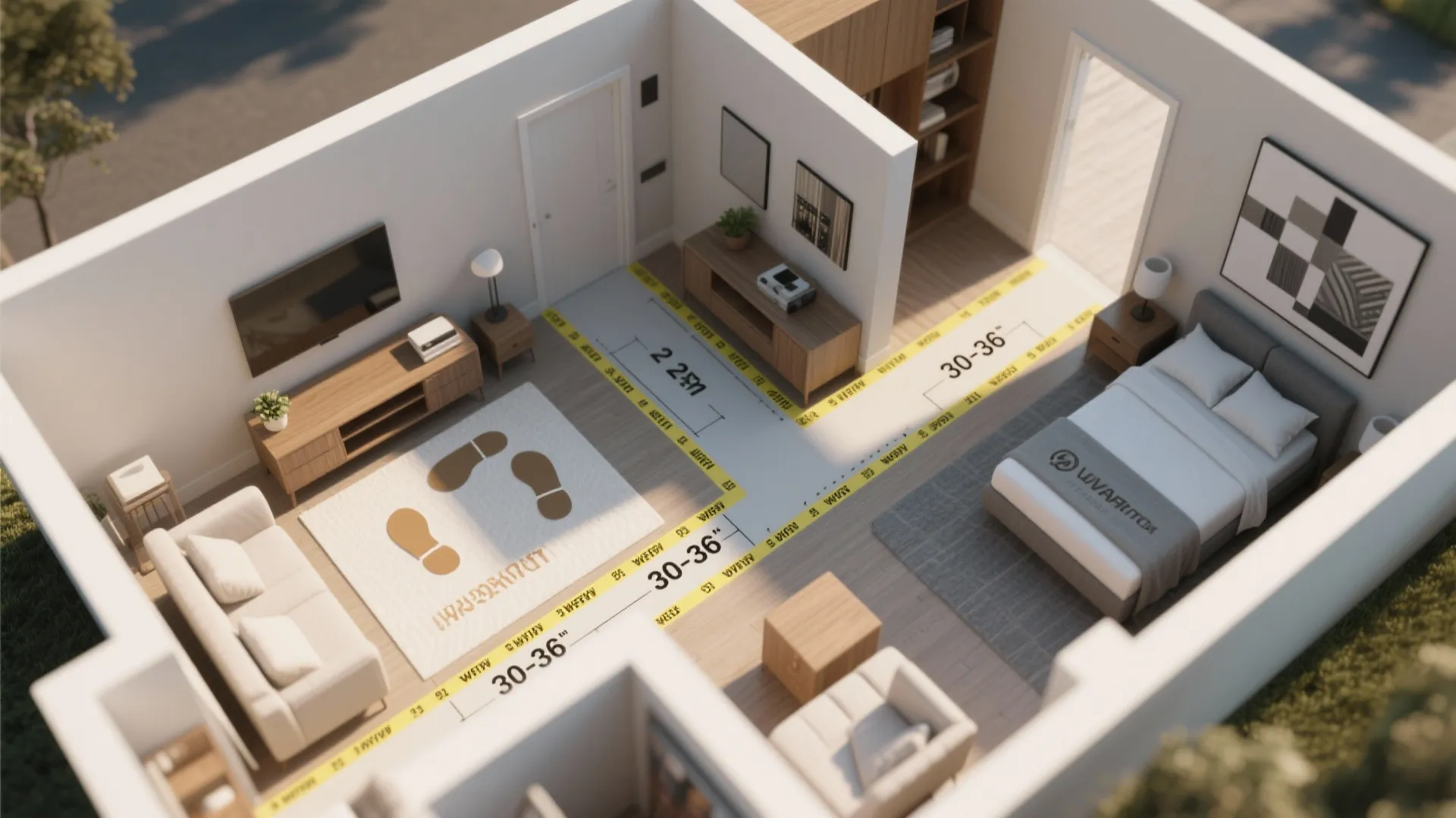 Top-down planner view showing measured furniture footprints and recommended walkways for a small 2-bedroom suite.