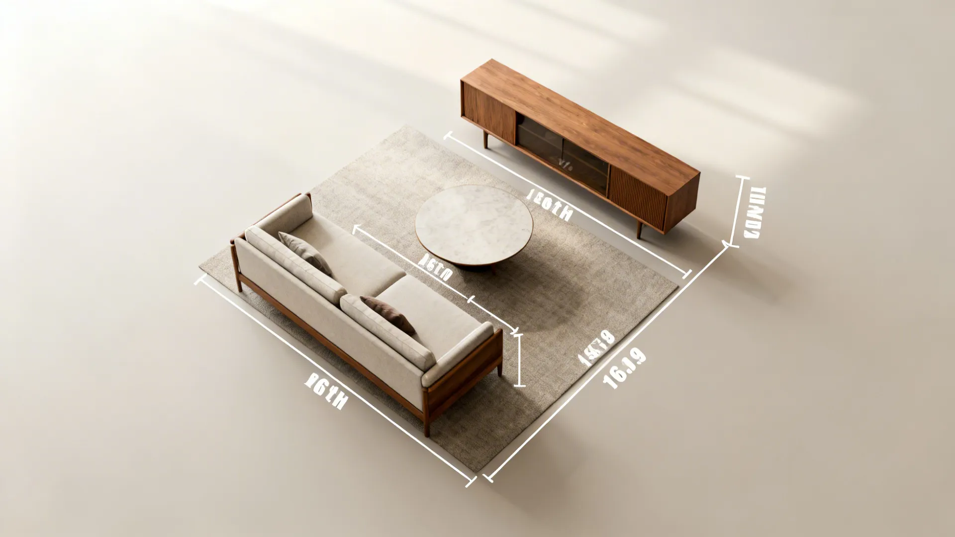 Top-down small living room layout showing seating depth and aisle clearances
