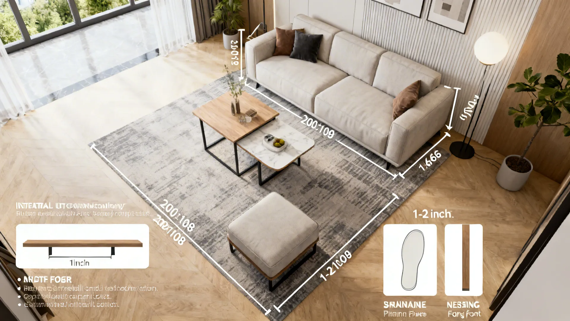Top-down room mockup showing sofa clearance and side table height and footprint comparisons for small living rooms.