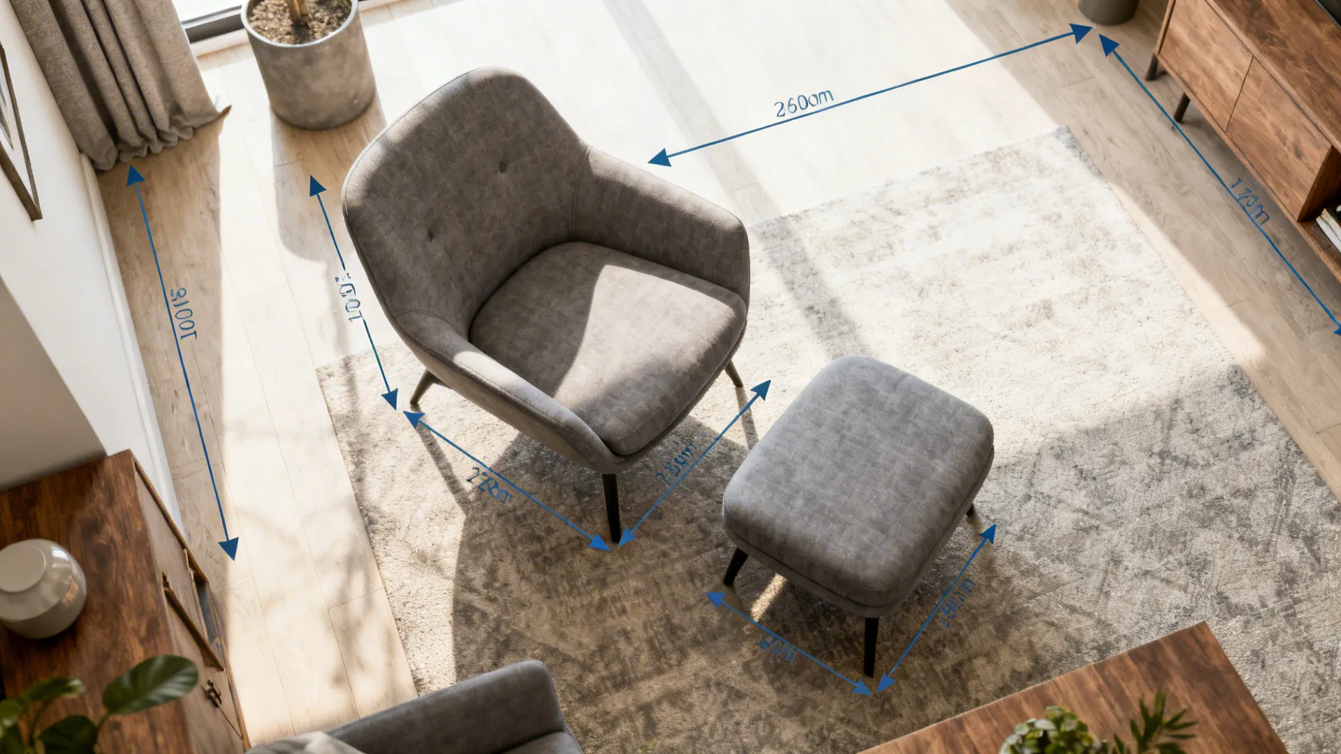 Top-down floor plan mockup showing placement options for a gray chair and ottoman with clearance markers.