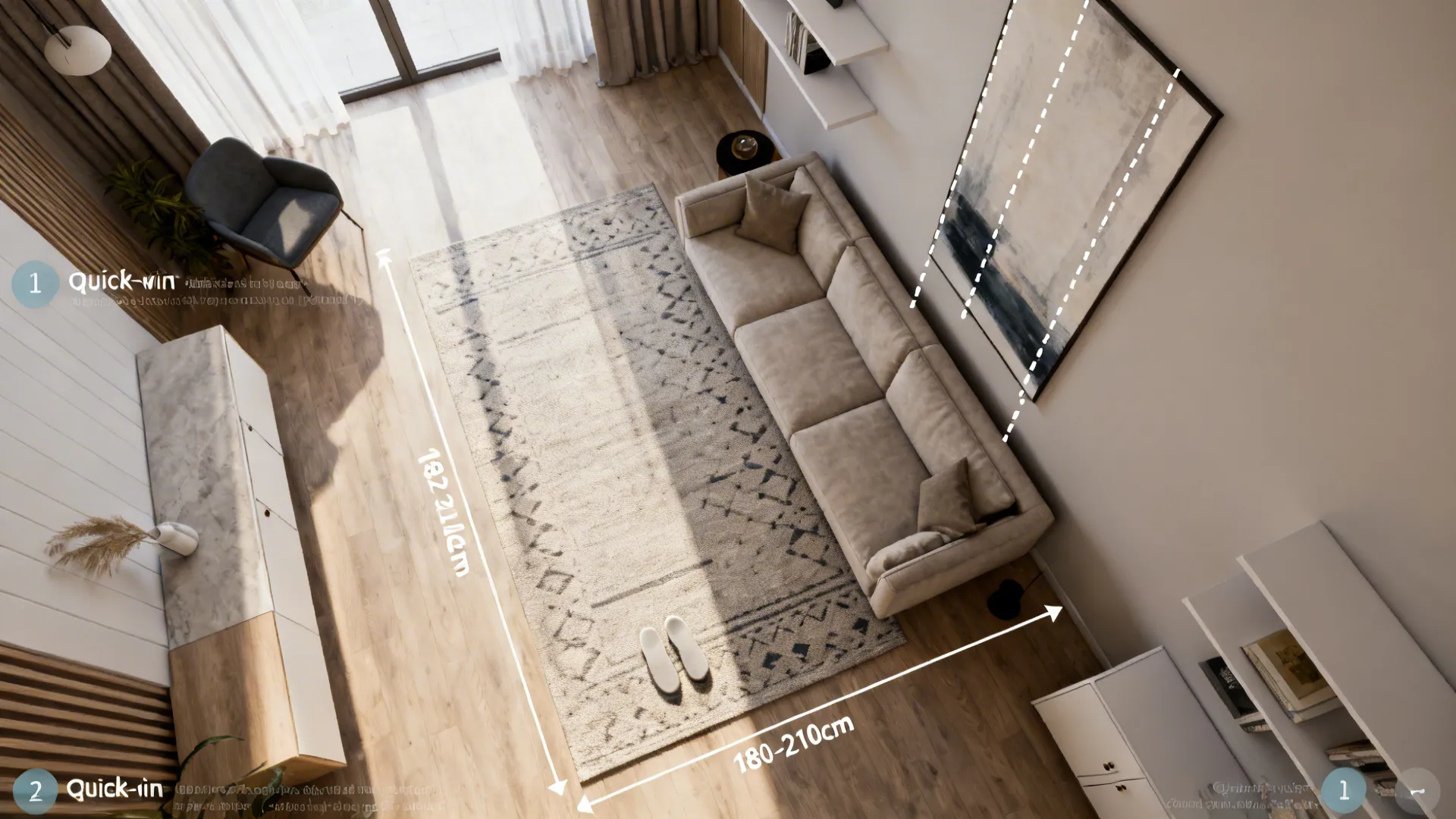 Top-down floorplan view showing rug placement, furniture sizing, and vertical art tips for a narrow living room.