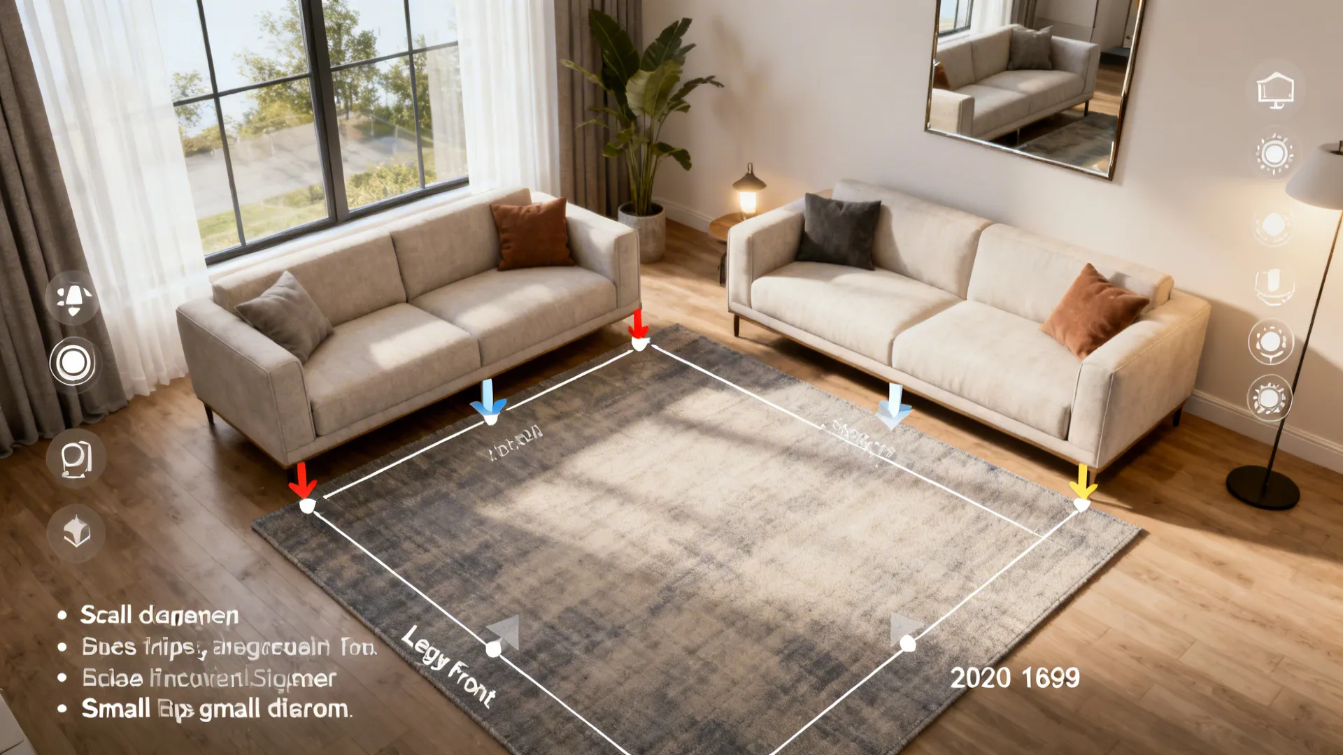 Top-down layout guide for small living rooms showing rug sizing, sofa placement and lighting tips