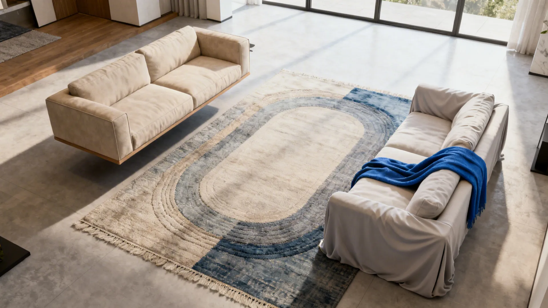 Top-down mockup of a floating beige sofa and layered rugs showing circulation and placement tips.