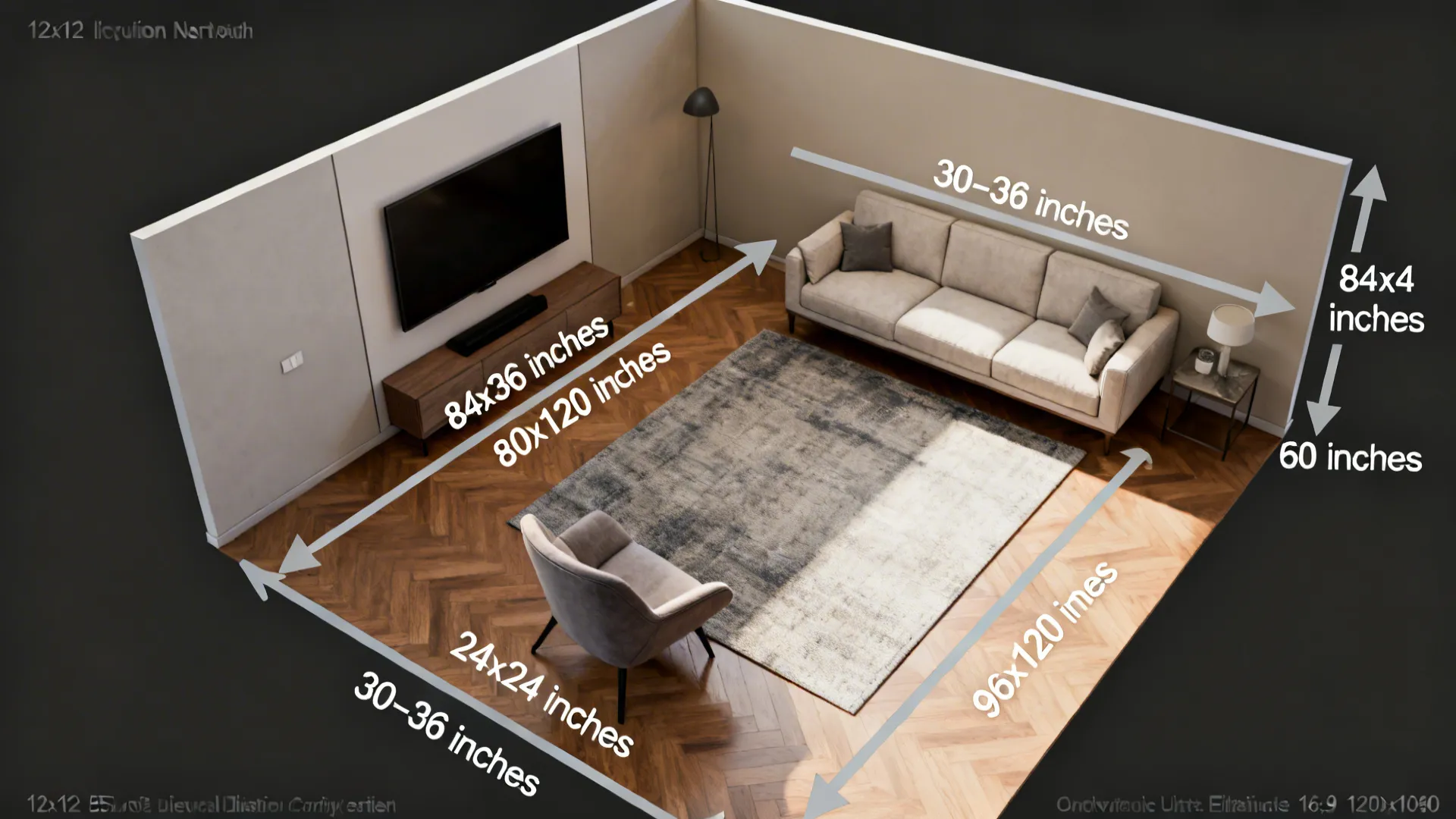 Top-down layout showing furniture placement, circulation paths and viewing distances for a 12x12 living room.