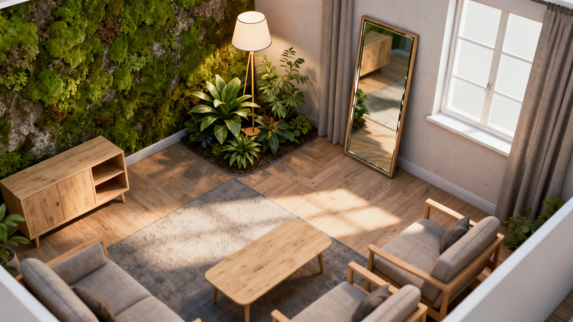 Top-down layout visualization showing lamp, plant cluster, mirror, and seating for a small living room.