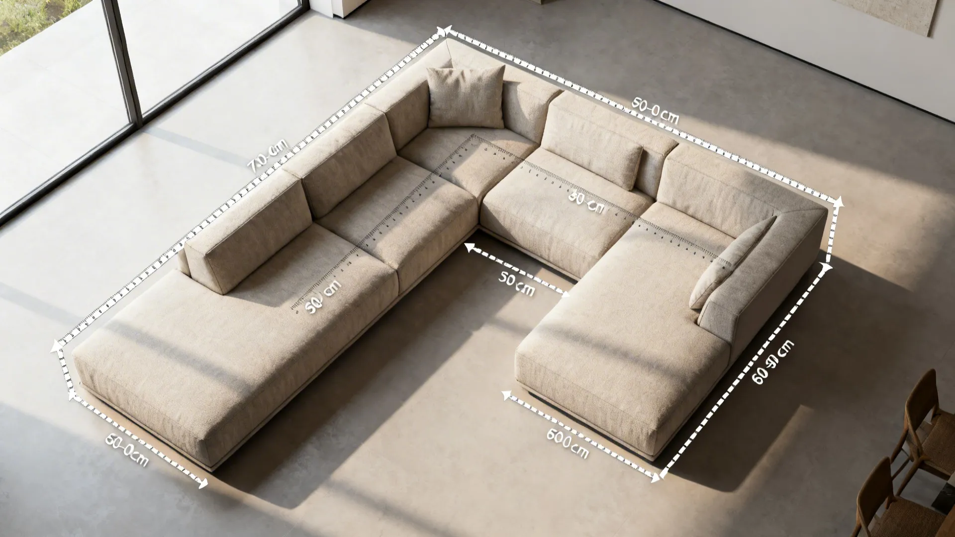 Top-down view of a large beige sofa showing measurement lines and dimensions for room planning