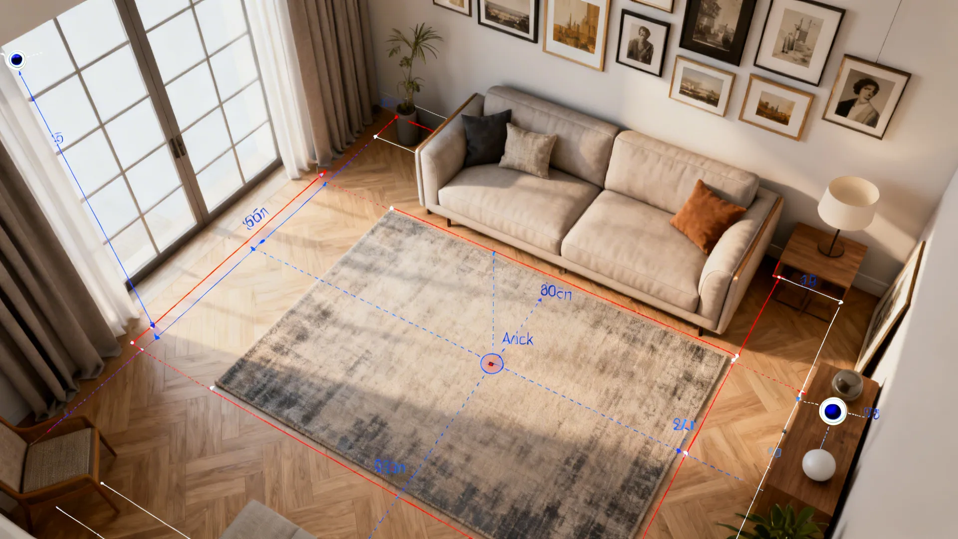 Top-down room mockup illustrating gallery wall placement, sightlines, and rug anchor