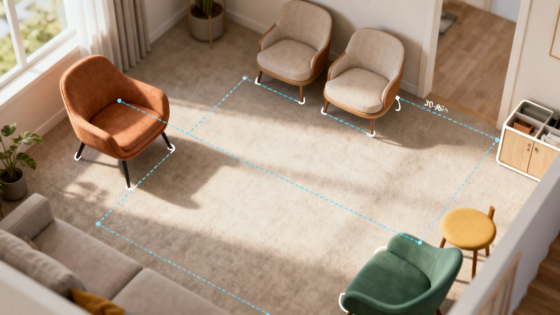Top-down layout showing chair placement options and recommended circulation paths in a tiny living room