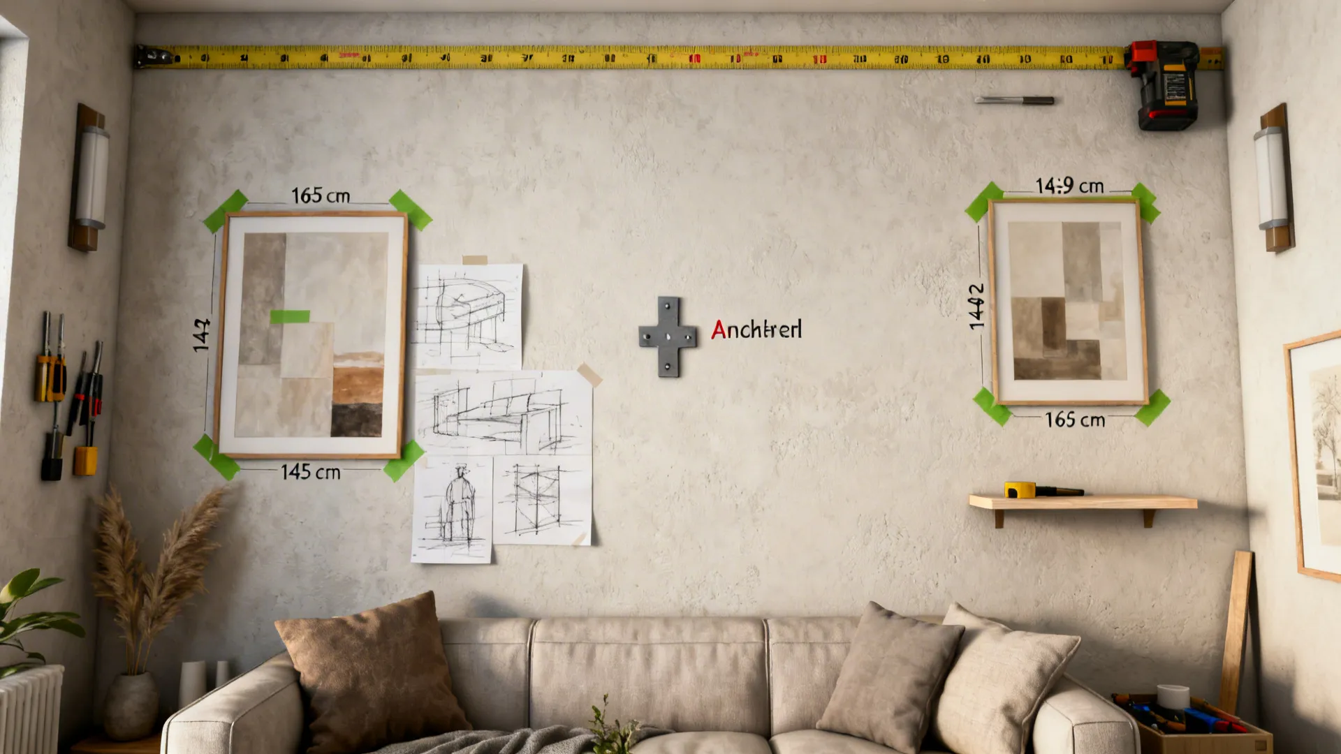 Top-down mockup showing measuring tape, painter's tape templates and layout planning for hanging art