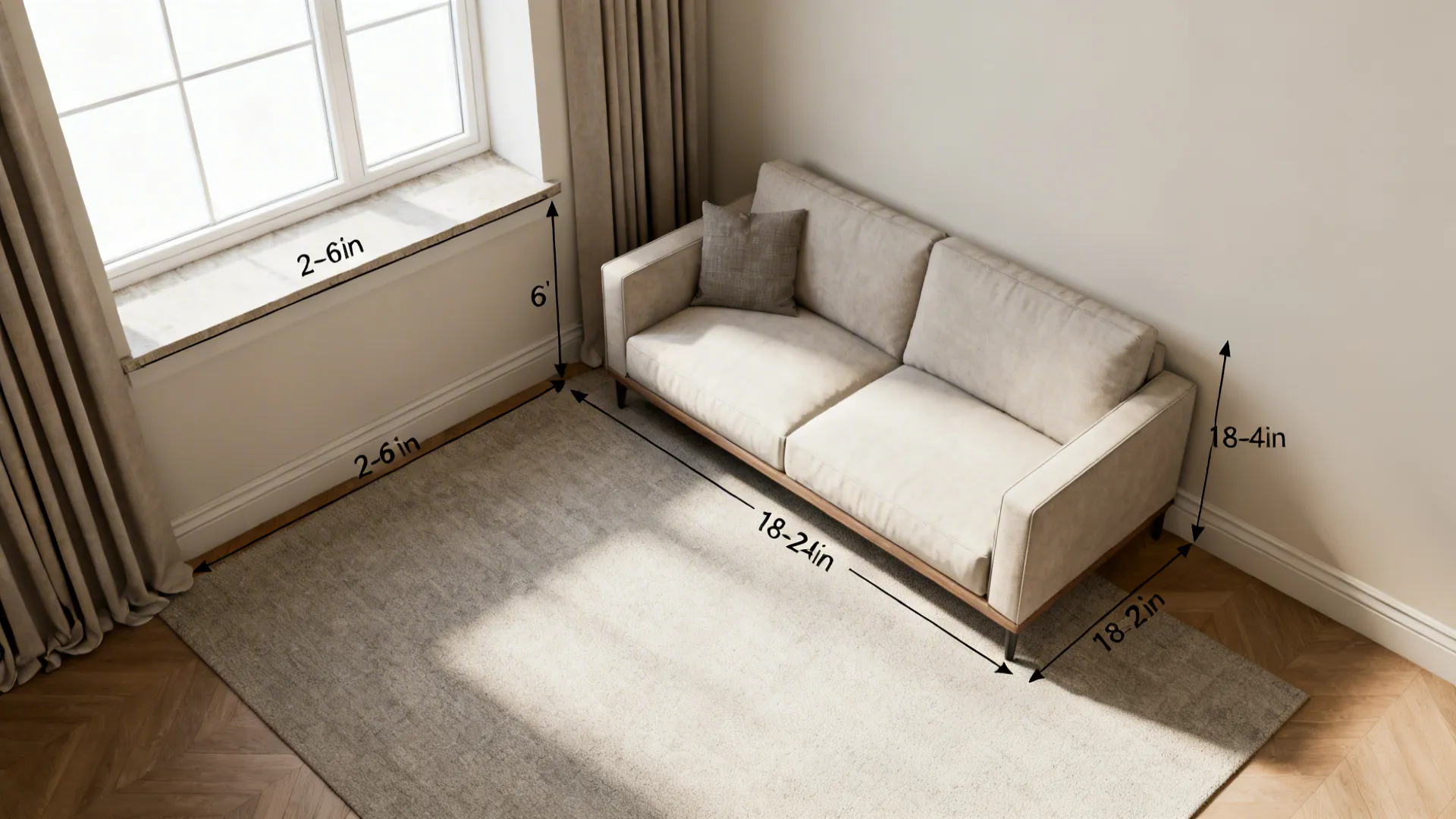 Top-down room layout showing sofa distances from window, clearance and circulation guidelines