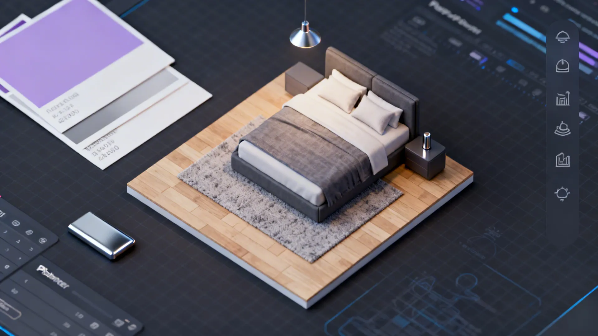Top-down mockup of a small bedroom layout with paint swatches and rug anchoring the bed.