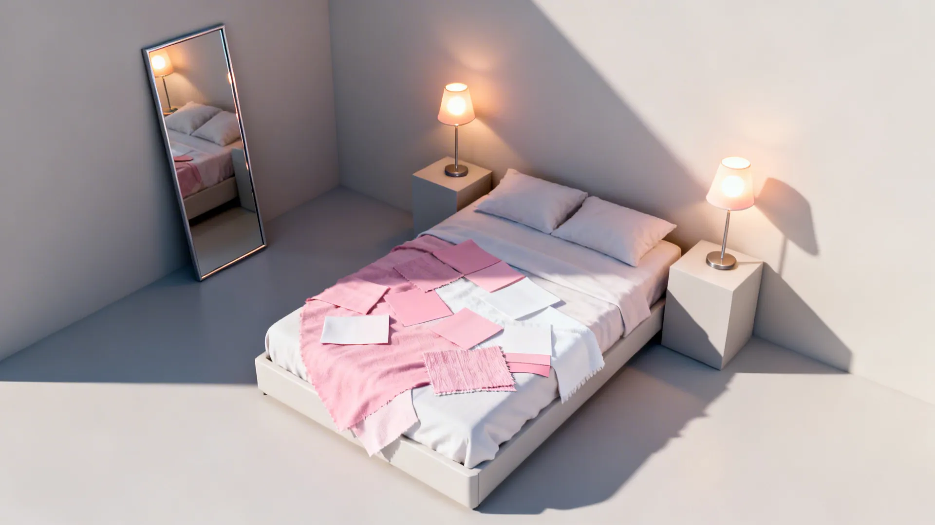Top-down bedroom layout showing mirror placement and furniture for small rooms